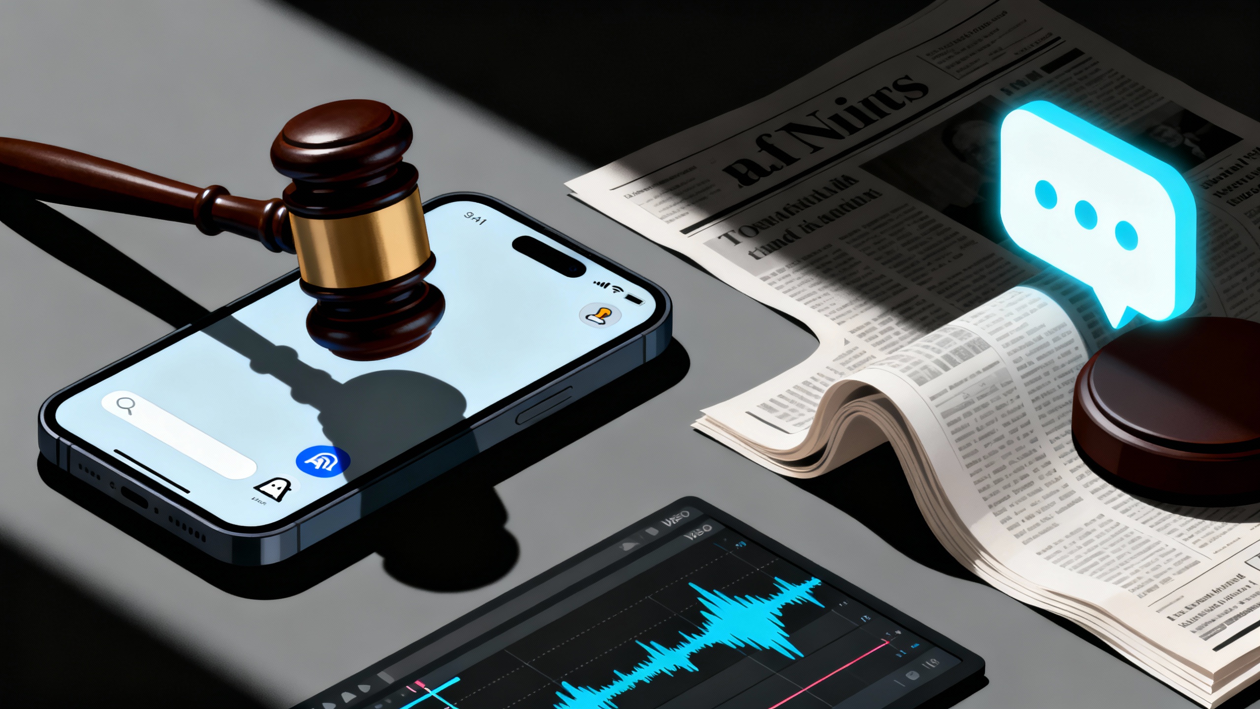 Composite image showing a judge’s gavel over a smartphone home screen with search and AI assistant icons, newspaper logos funneling into a chatbot bubble, and a waveform over a video timeline