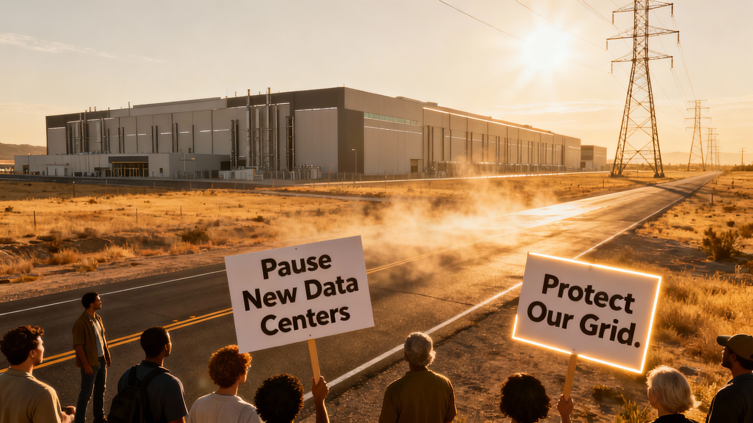 Protesters with signs reading 'Pause New Data Centers' outside a sprawling data center amid transmission towers and a parched landscape.