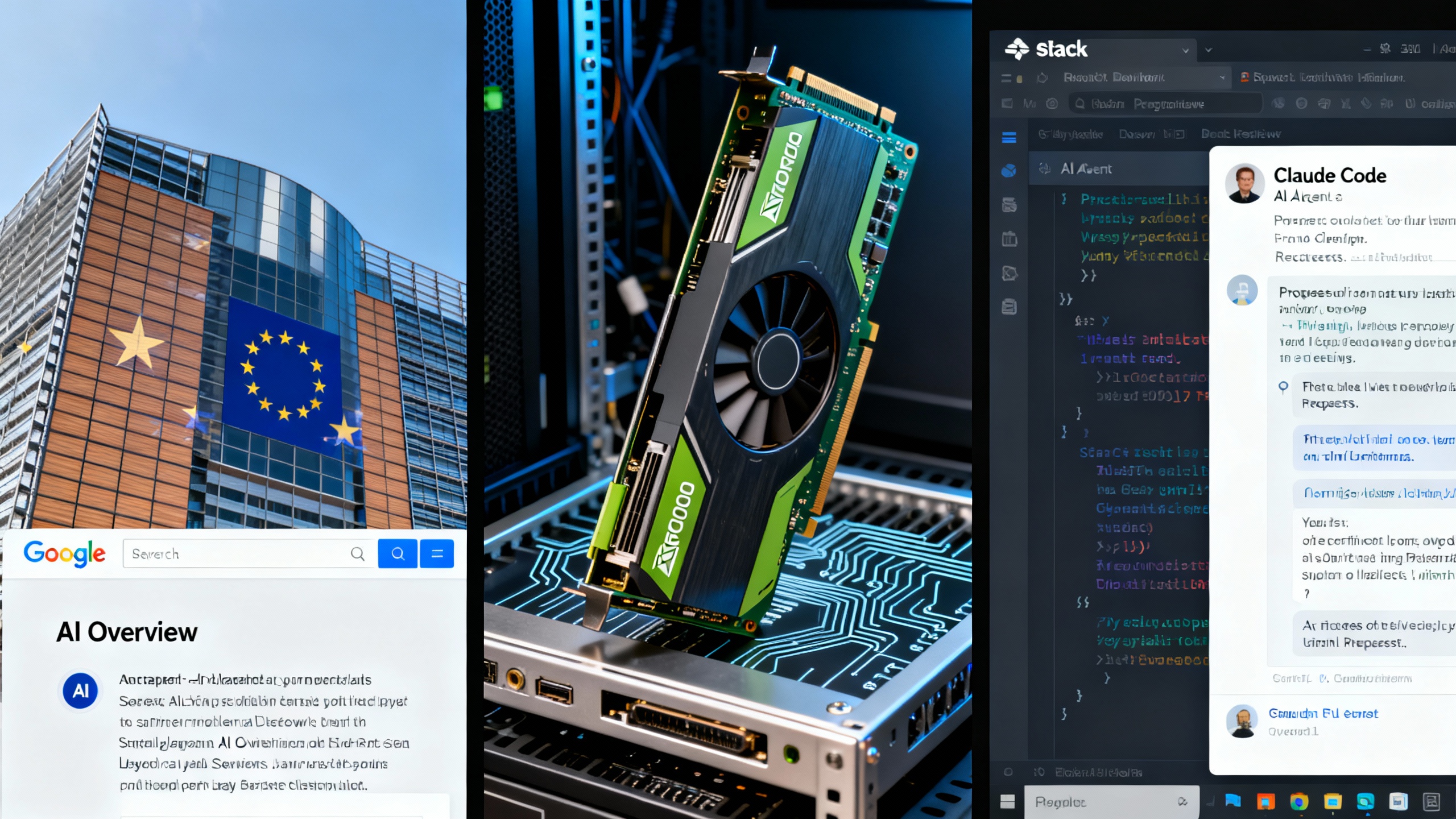 Collage showing the European Commission Berlaymont building with Google Search snippets, an NVIDIA H200 GPU, and a Slack workspace where a coding agent is active