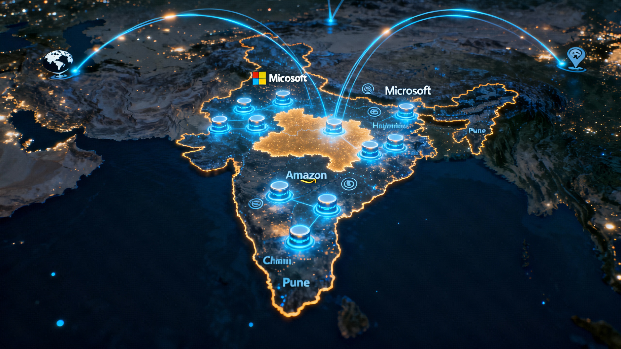 Stylized map of India with glowing data centers and network lines; Microsoft and Amazon icons indicate major planned investment locations