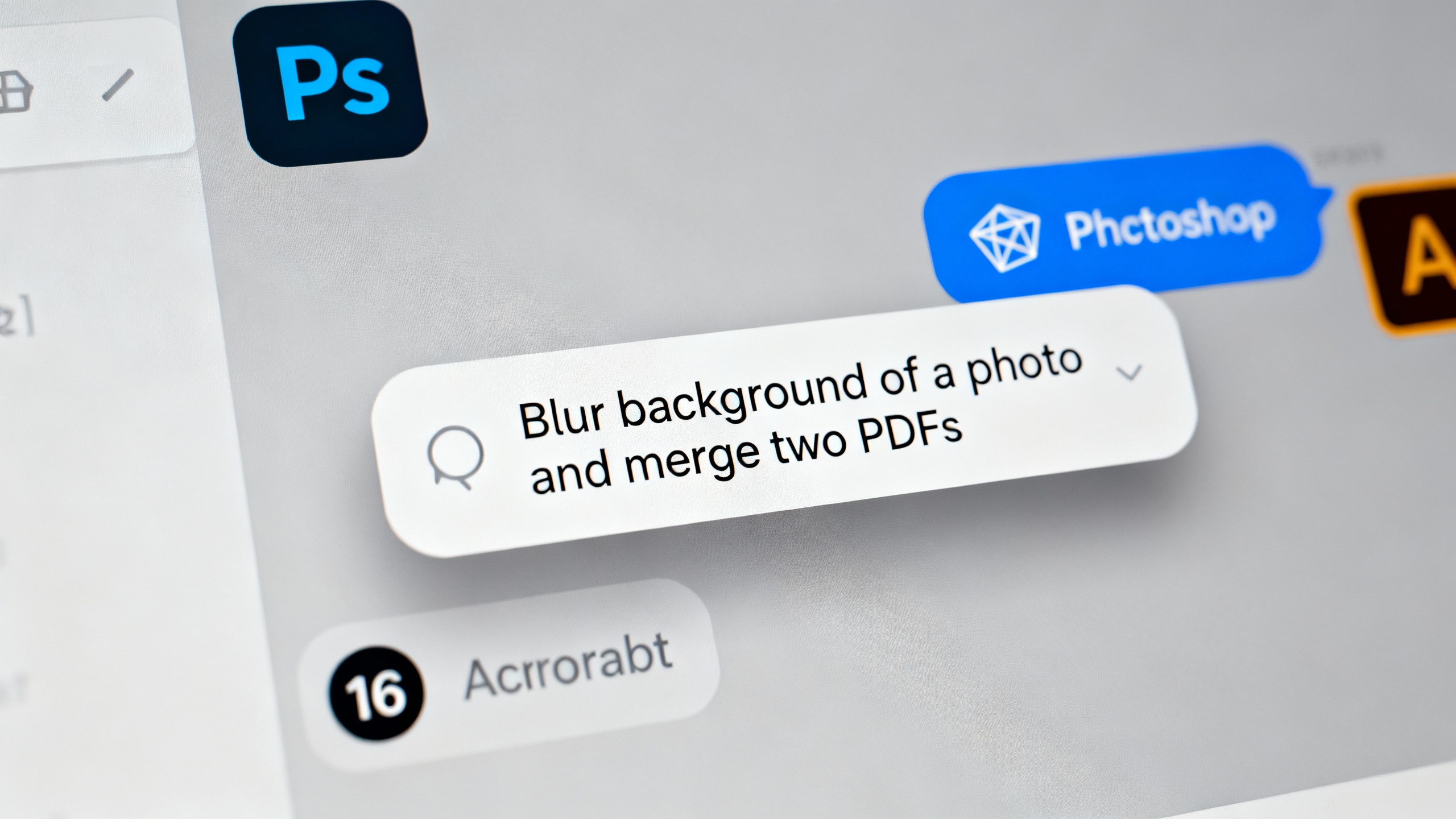 Chat-style interface with generic tools invoking a photo edit and a PDF merge, hinting at Adobe-style controls within a chatbot