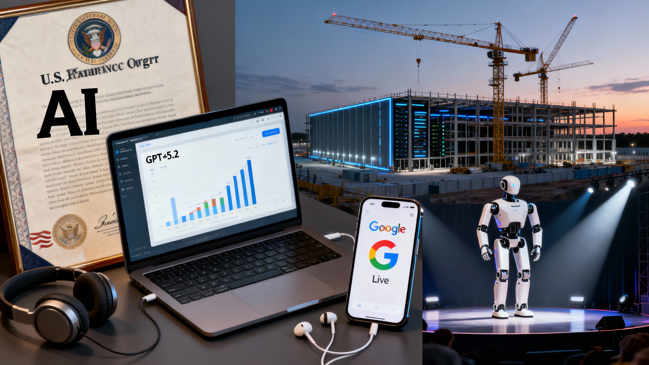 Collage of an executive order document, a laptop showing GPT-5.2, Google Translate live headphone mode, a data center construction site, and a humanoid robot on stage