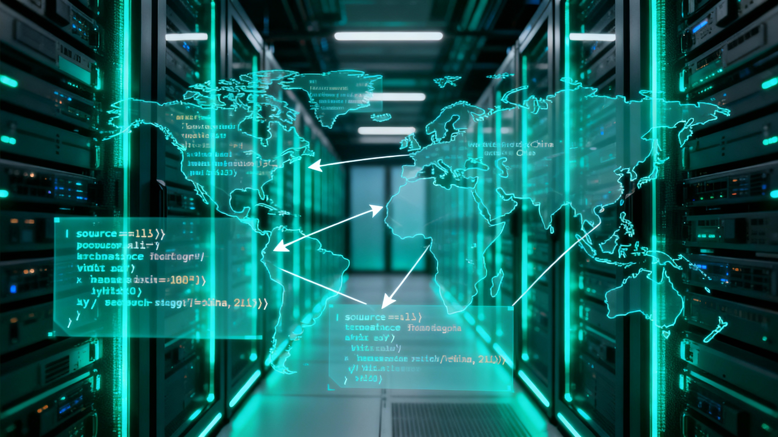 Stylized newsroom collage of a data center aisle of GPU racks with floating code, and abstract US–China map overlays implying competition in open-source AI
