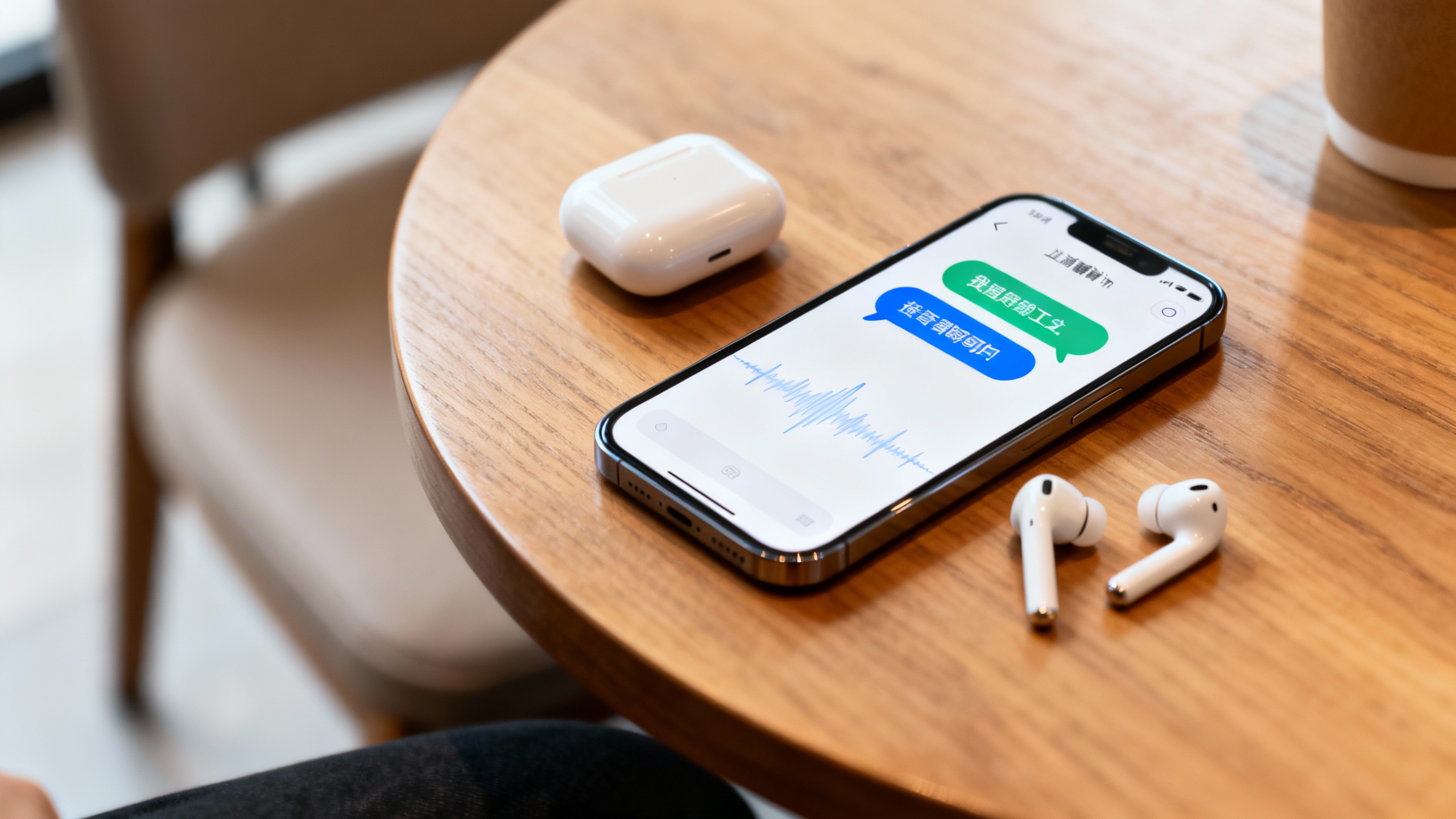 Smartphone with earbuds showing a live translation interface, speech bubbles morphing between languages with subtle waveform animation