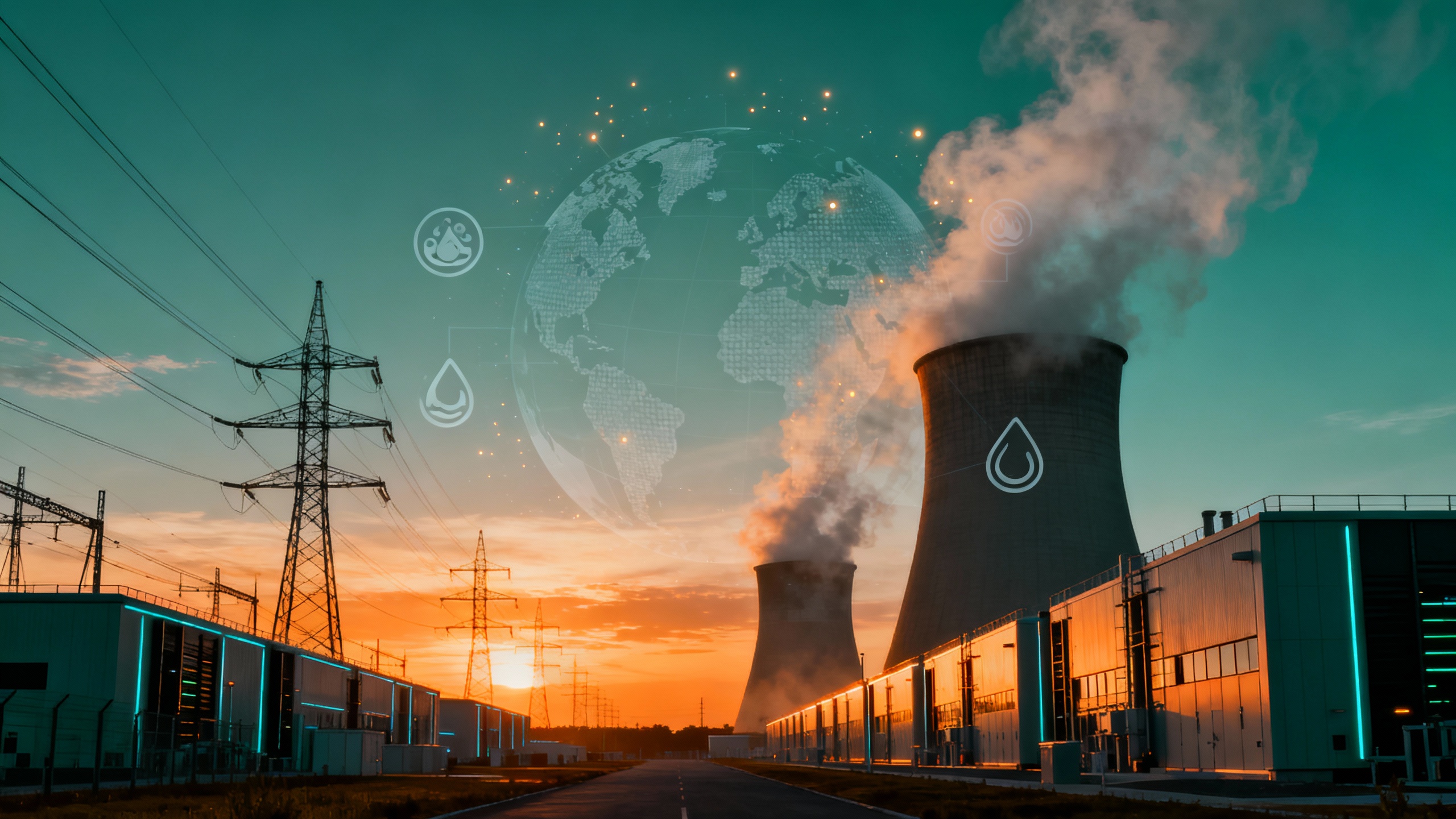 Aerial collage of AI data centers, high-voltage power lines, and water-cooling infrastructure with an overlay of a globe and carbon icons