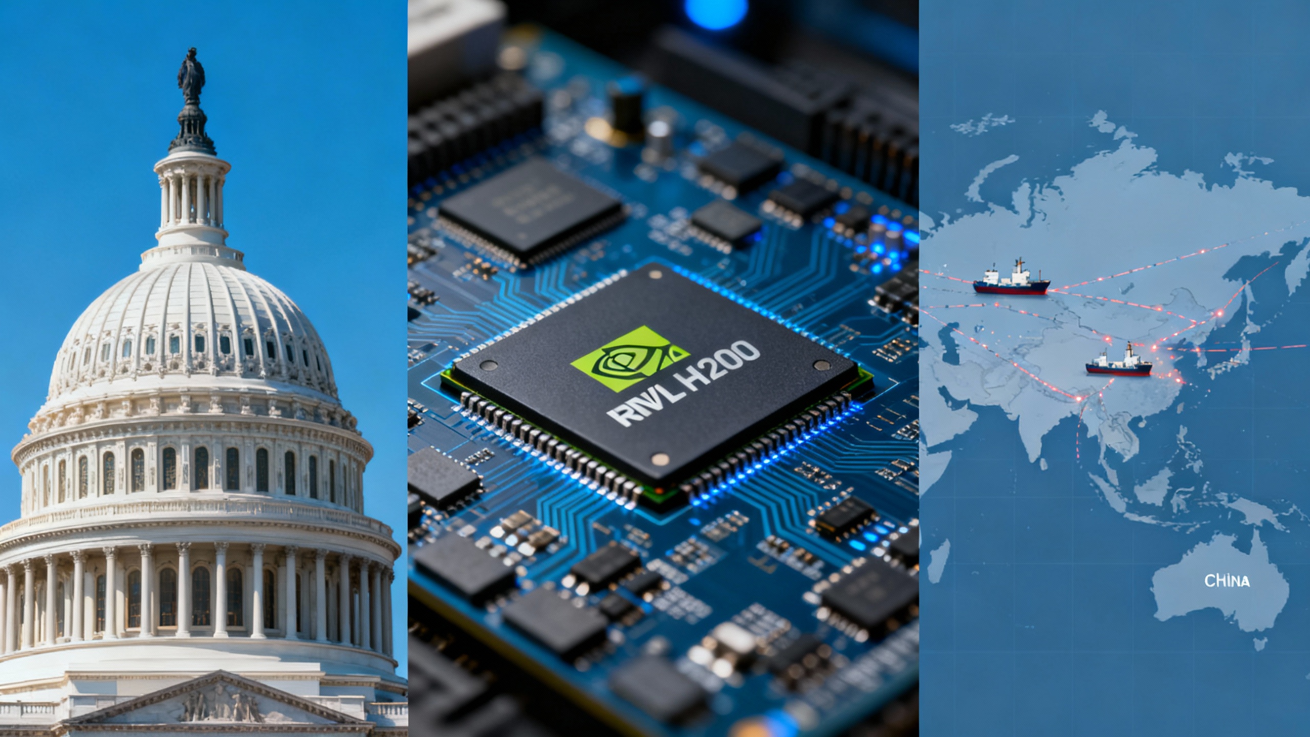 A split-screen visual of a U.S. Capitol dome, a silicon wafer with NVIDIA H200 chips, and a cargo route map between the U.S. and China