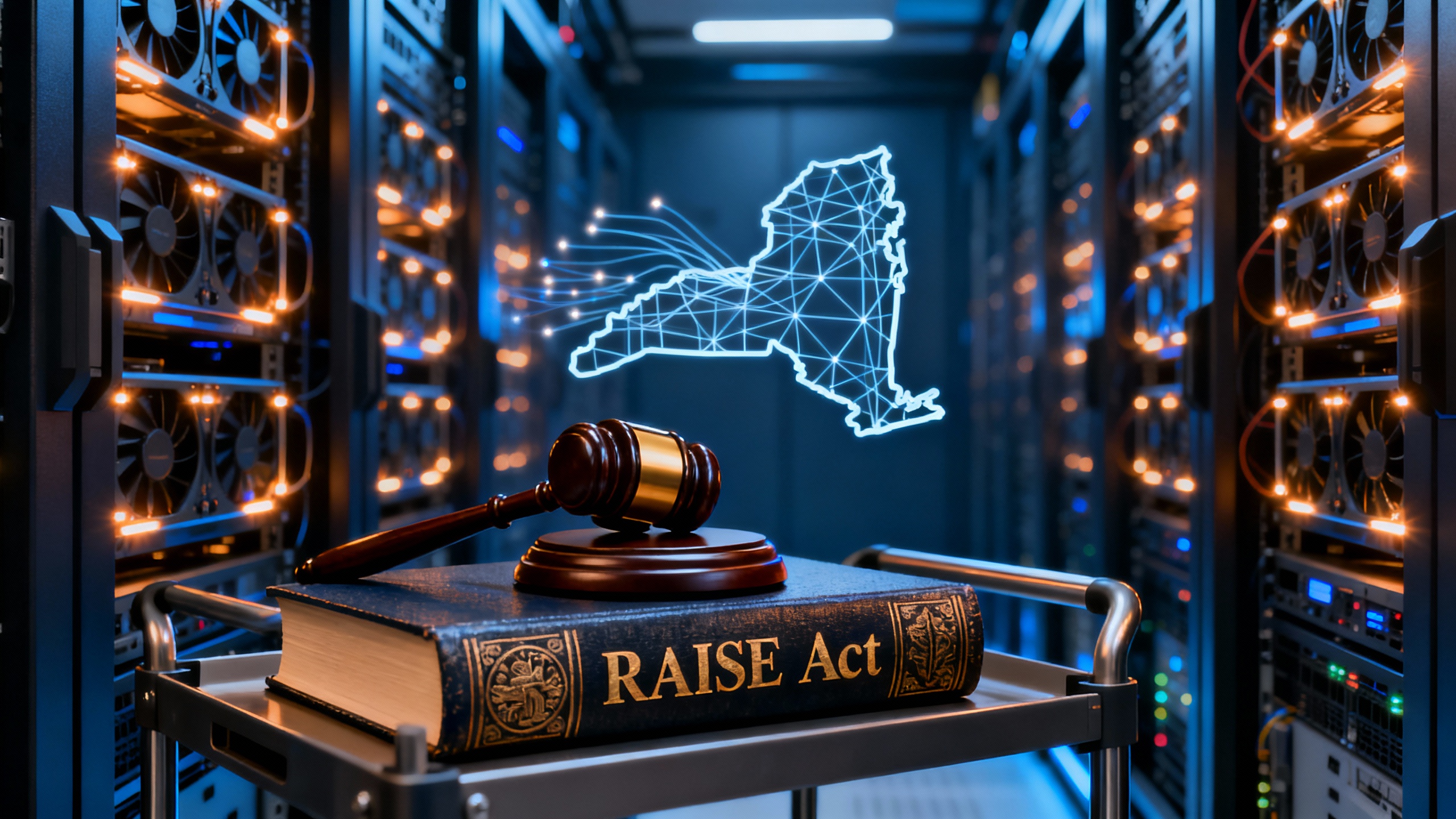 A composite visual of a New York State capitol silhouette, semiconductors, and a data center row, representing policy, chips, and infrastructure