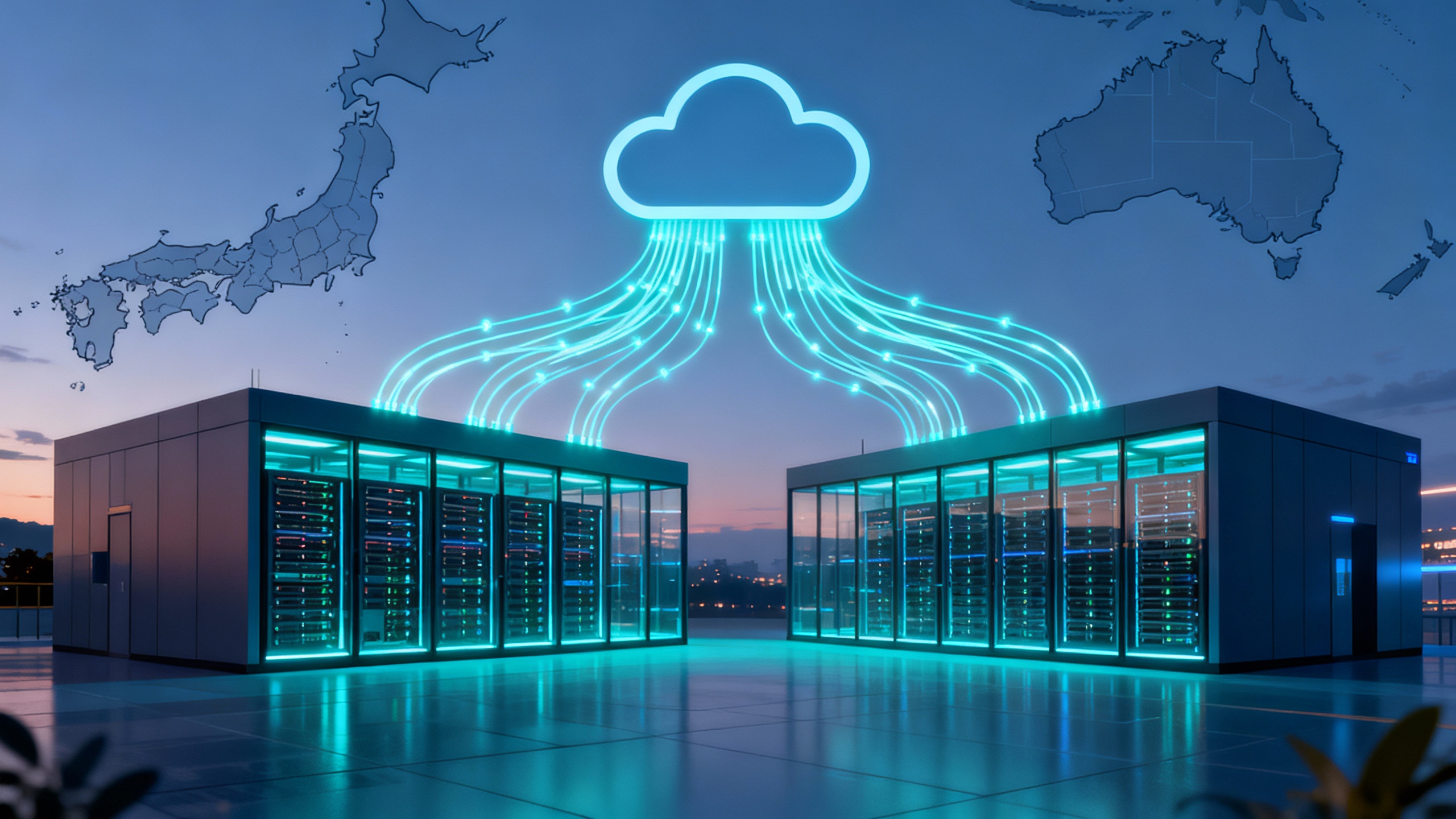 Illustration of GPU-packed data centers in Japan and Australia connected to a cloud used by a Chinese tech giant