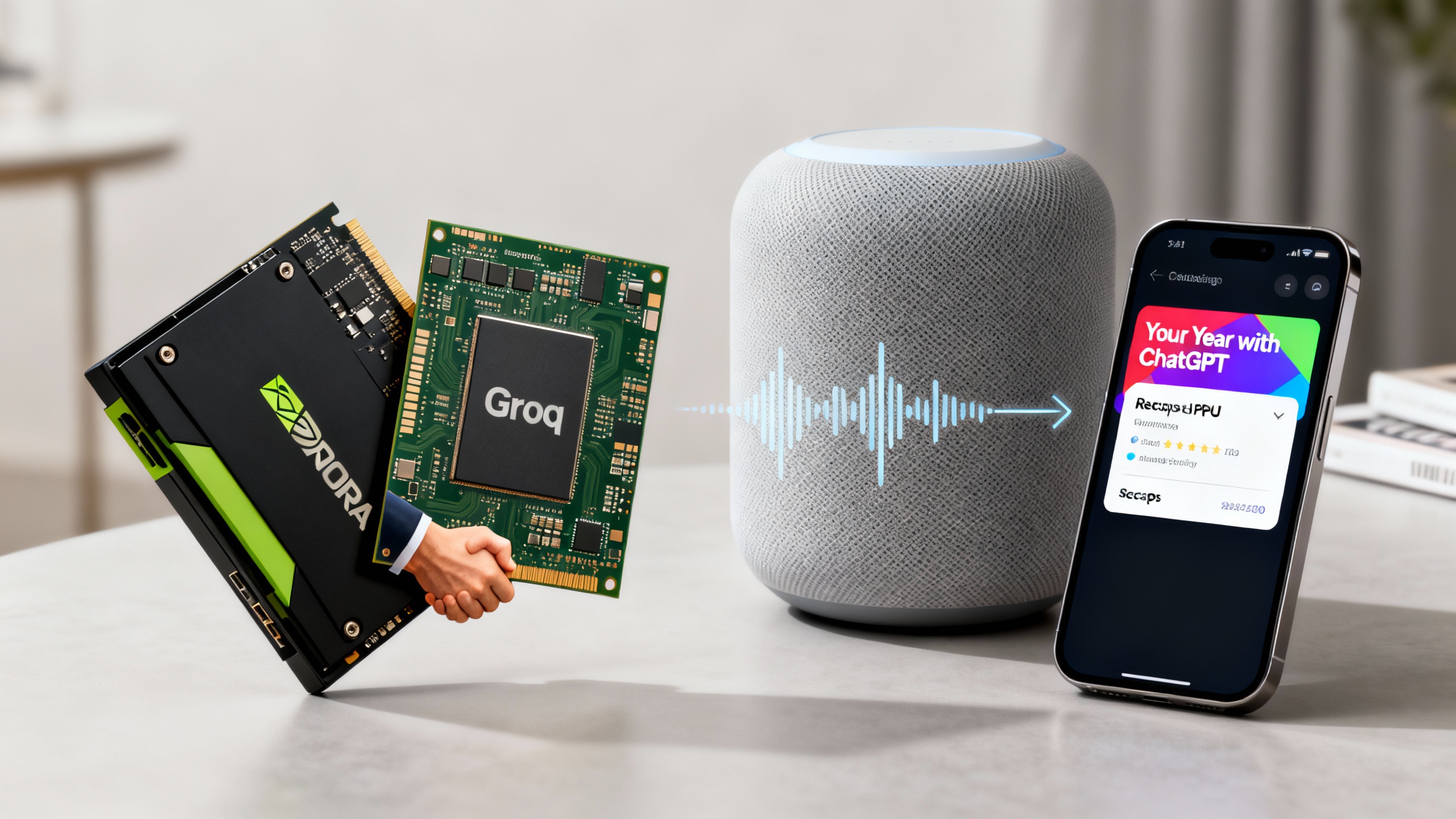 Collage showing an NVIDIA-Groq chip handshake, a smart speaker conversing with a user, and a ChatGPT 