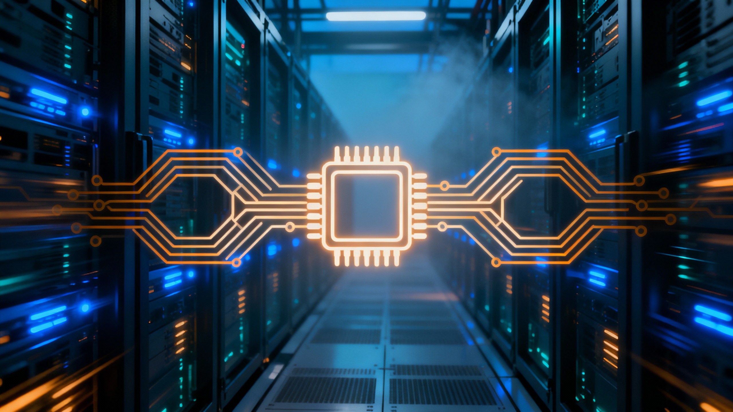 A data center scene where a glowing chip silhouette suggests a technology handoff, with two distinct architectures converging
