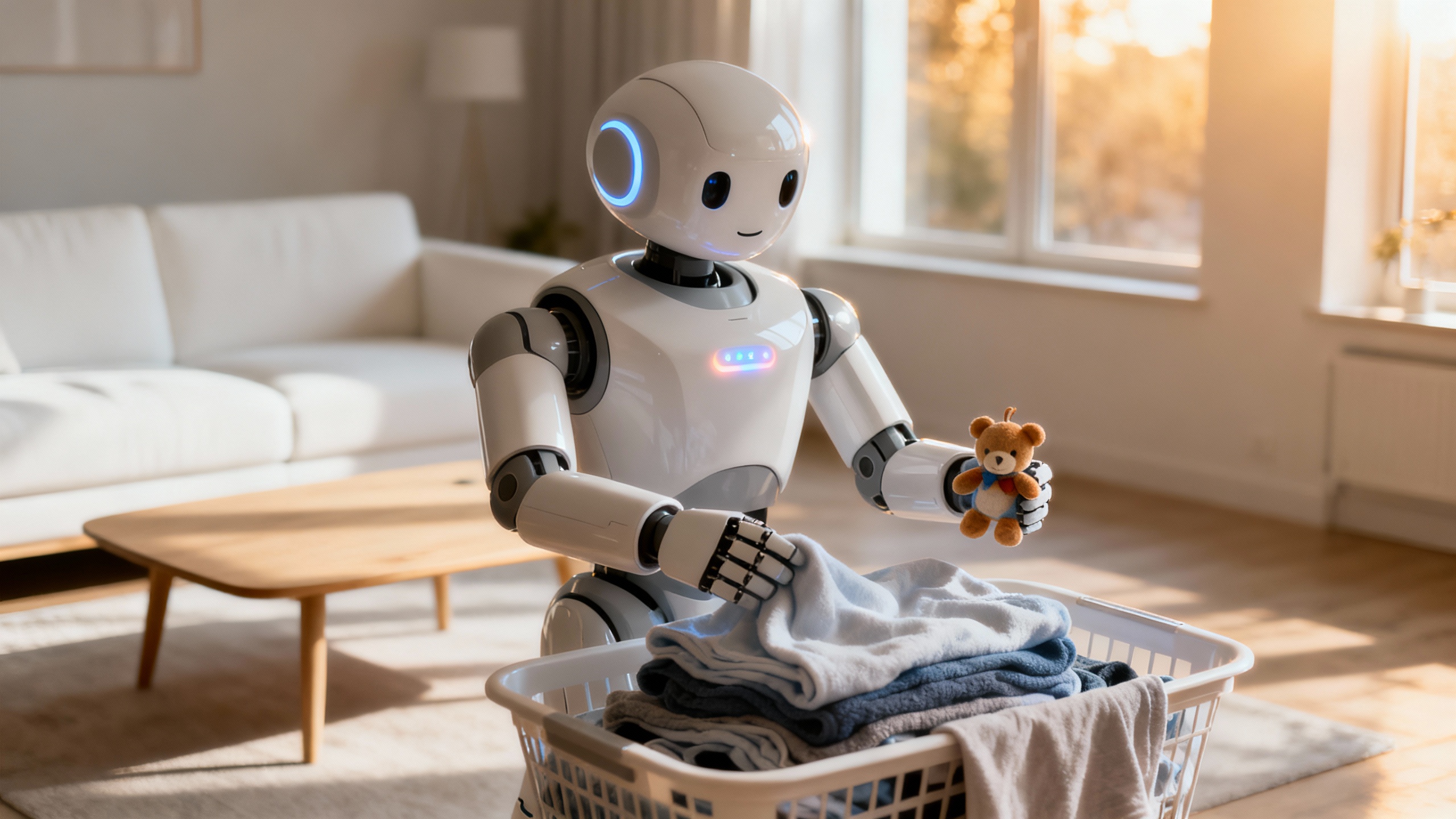 Two-armed home robot tidying a modern living space