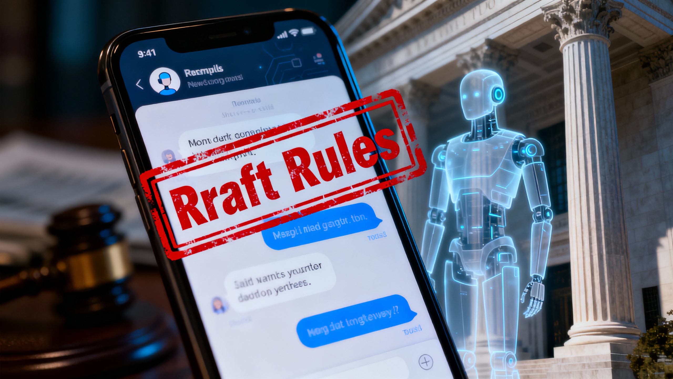 A regulator’s hand holding a draft document over a glowing chat interface while a humanoid robot silhouette stands in the background