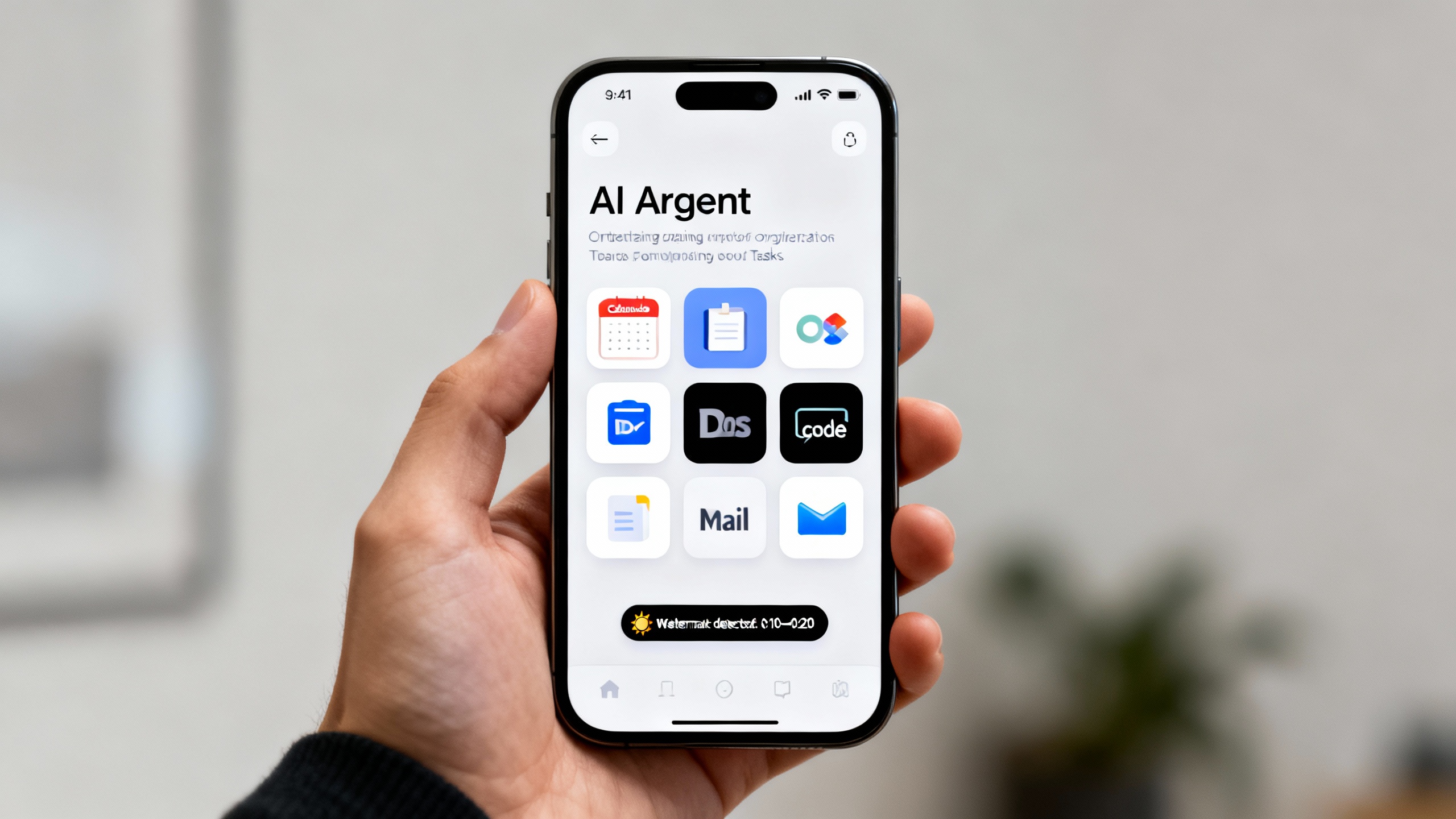 A smartphone UI showing an AI video provenance check with a watermark detected, next to a simplified AI agent working across apps