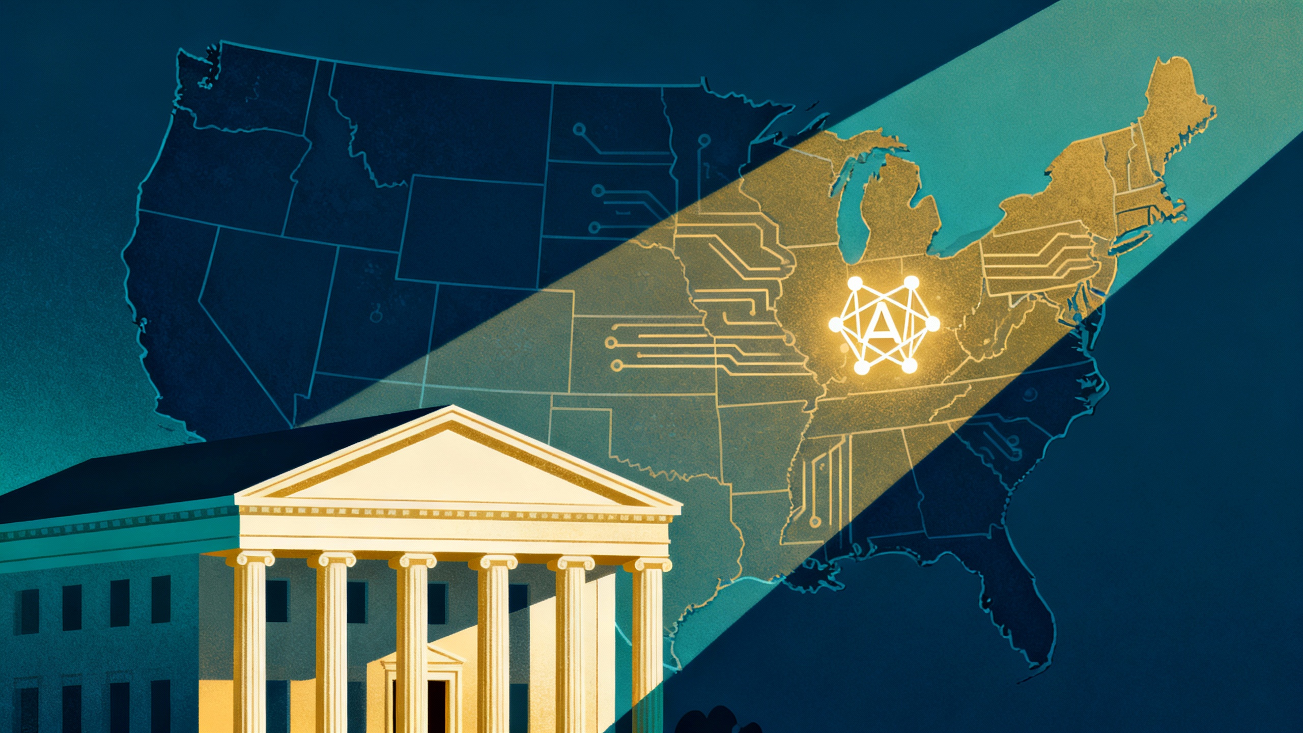 Illustration of a U.S. federal building casting a long shadow over a map of states with AI circuit traces.