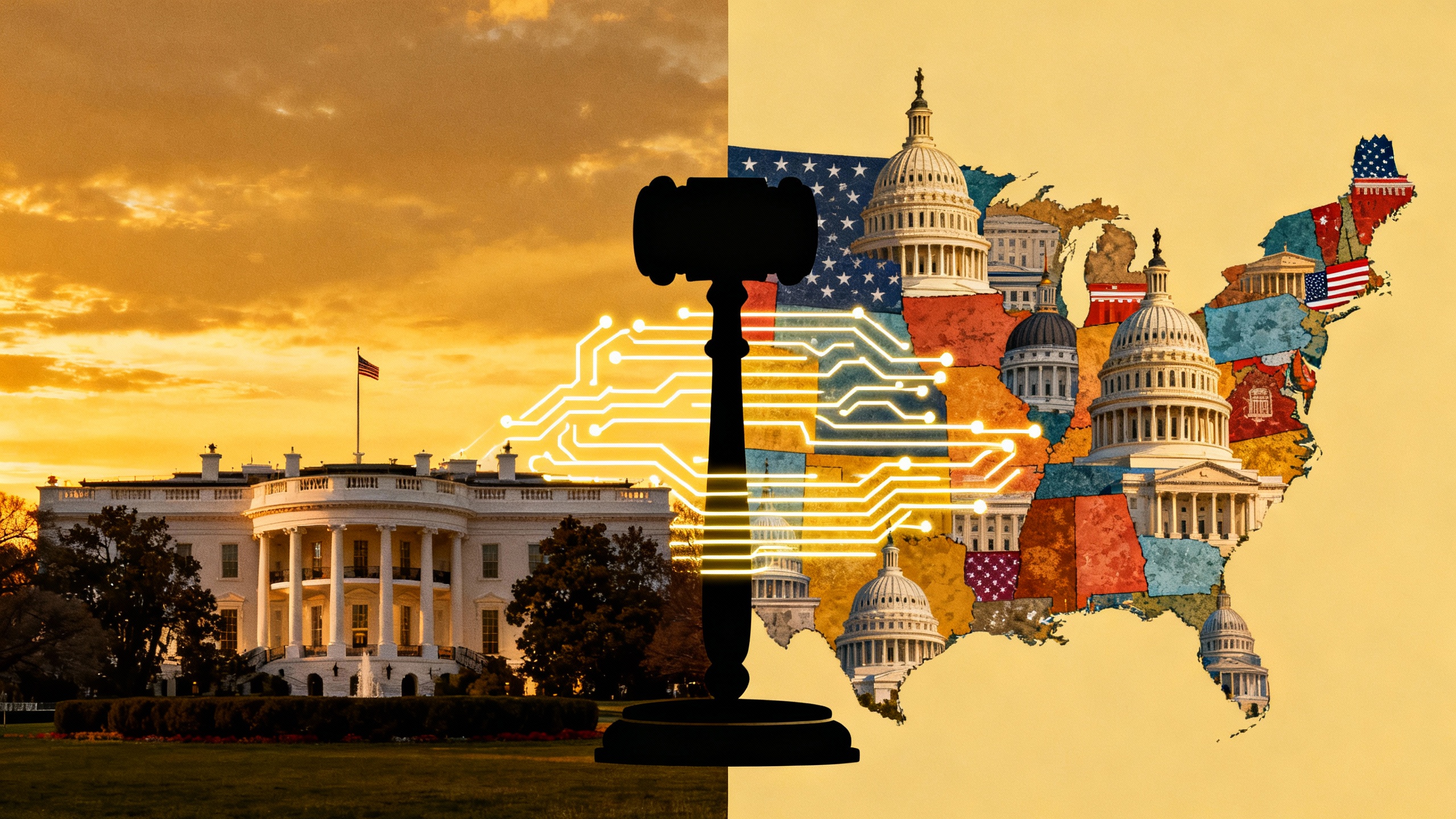 The White House facing a collage of state capitol domes and a map of the U.S. colored as a patchwork, with a glowing AI circuit pattern running between them
