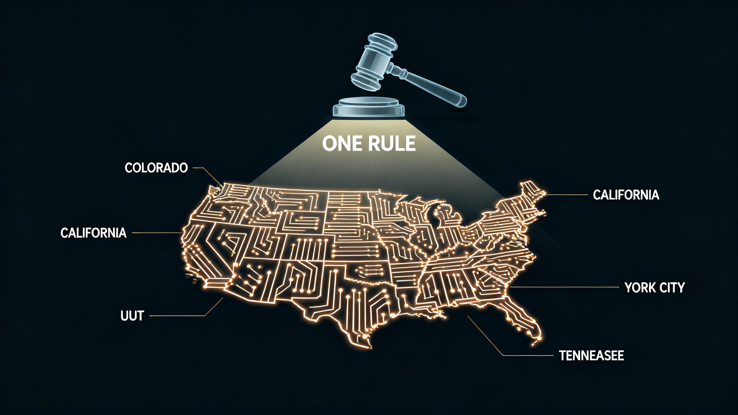 A U.S. map overlaid with code snippets and state labels for Colorado, California, New York City, Utah, and Tennessee, with a federal gavel icon hovering above—symbolizing a federal 'one rule' preempting a patchwork of state AI laws