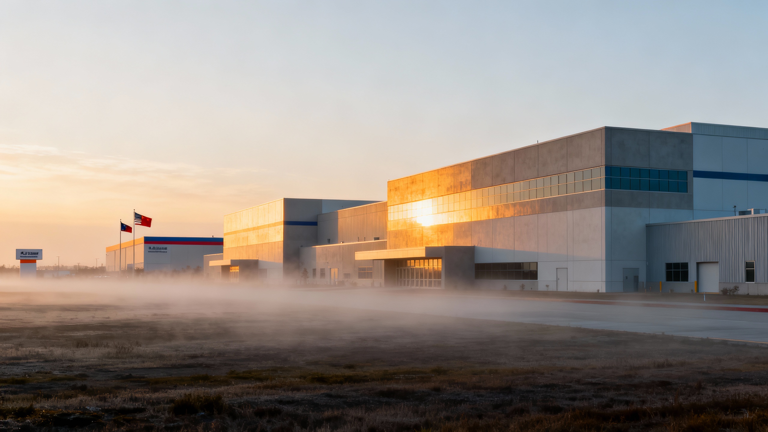 TSMC's Nanjing fab exterior at dawn, with subtle U.S. and China visual cues
