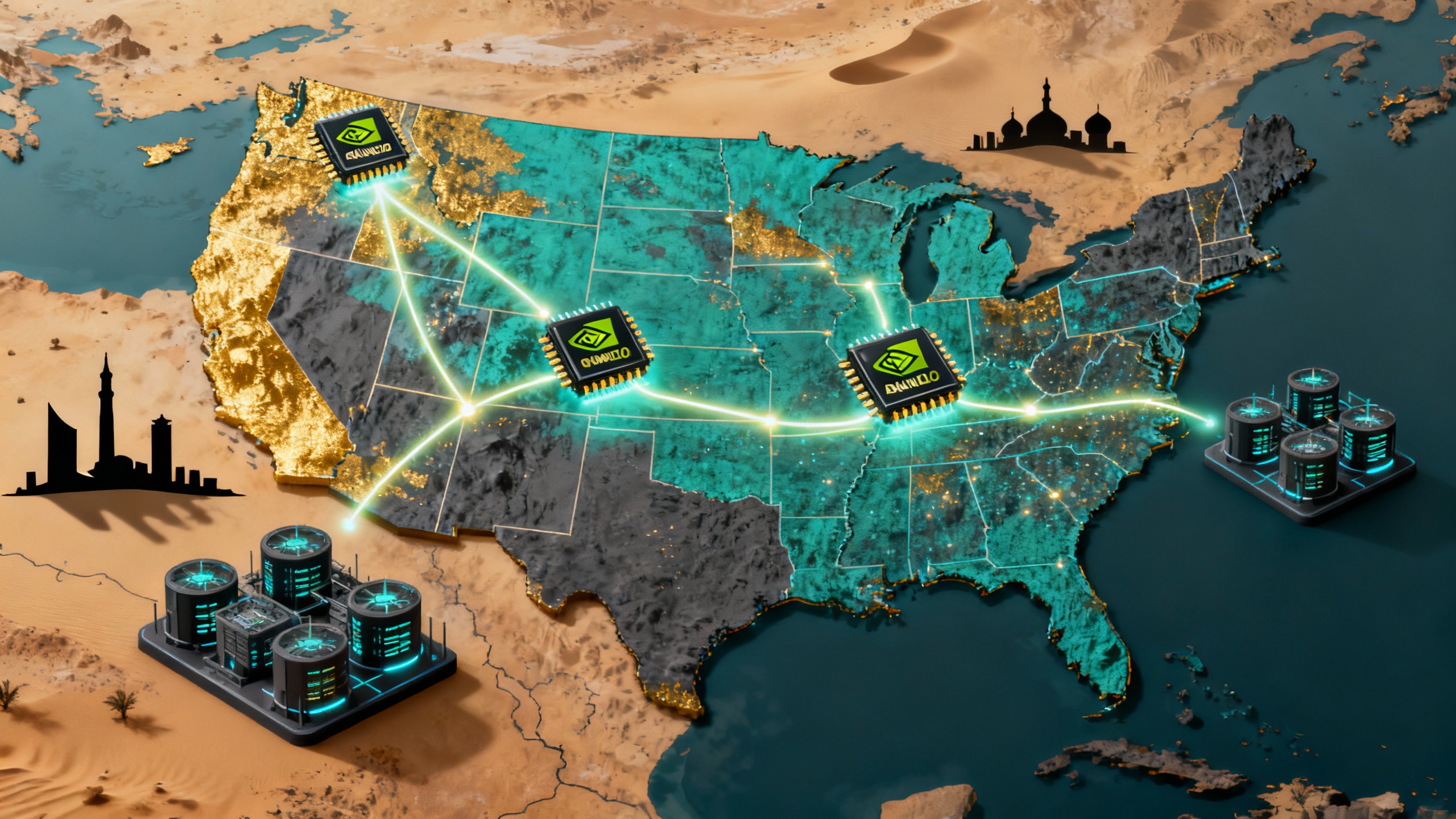 Map-style editorial illustration of U.S.-to-Gulf GPU exports and new AI campuses in Abu Dhabi and Riyadh