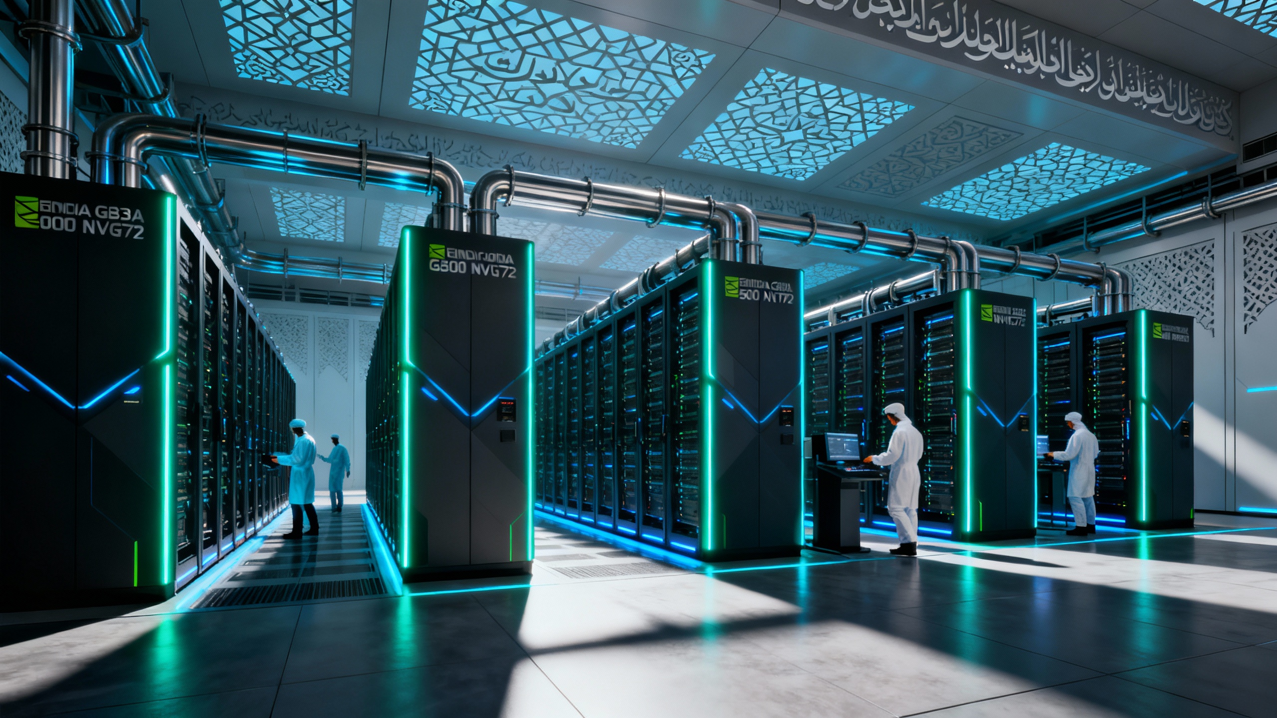 Liquid‑cooled GB300 racks in a futuristic Middle Eastern data center, with engineers and subtle geometric motifs
