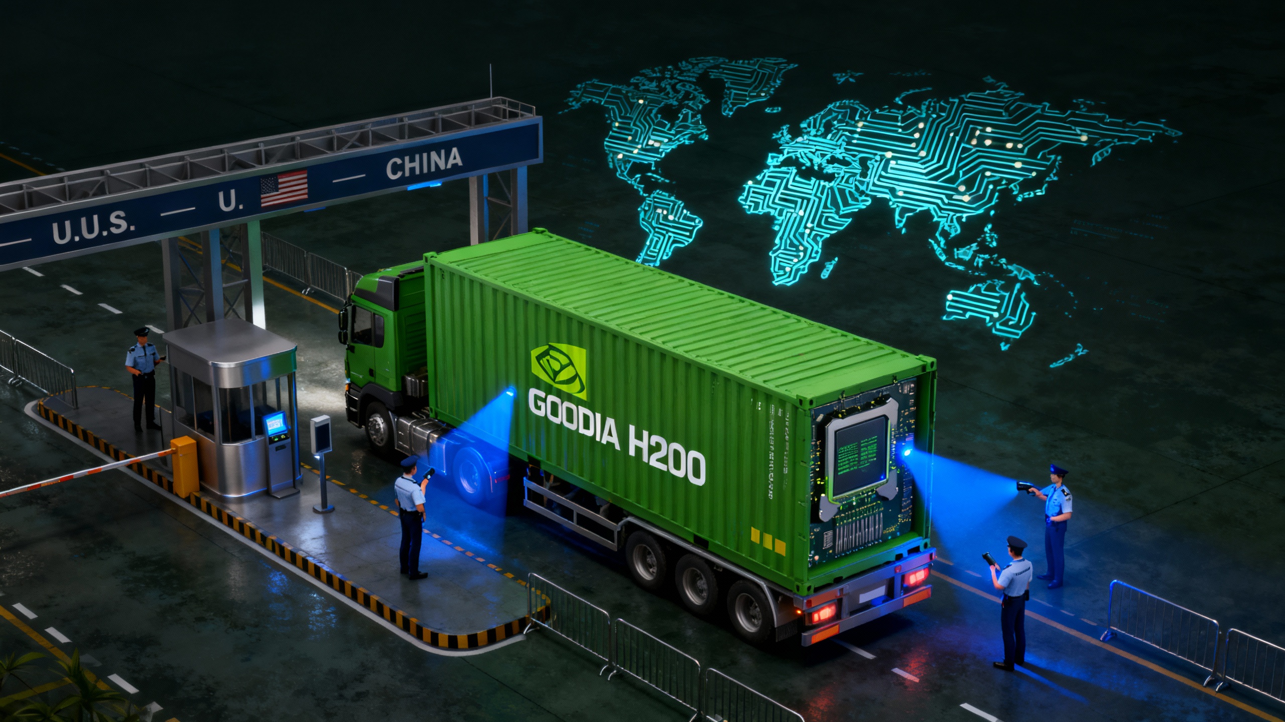 A stylized H200 GPU rendered as a shipping container being inspected at a U.S.–China customs checkpoint, signaling regulated exports