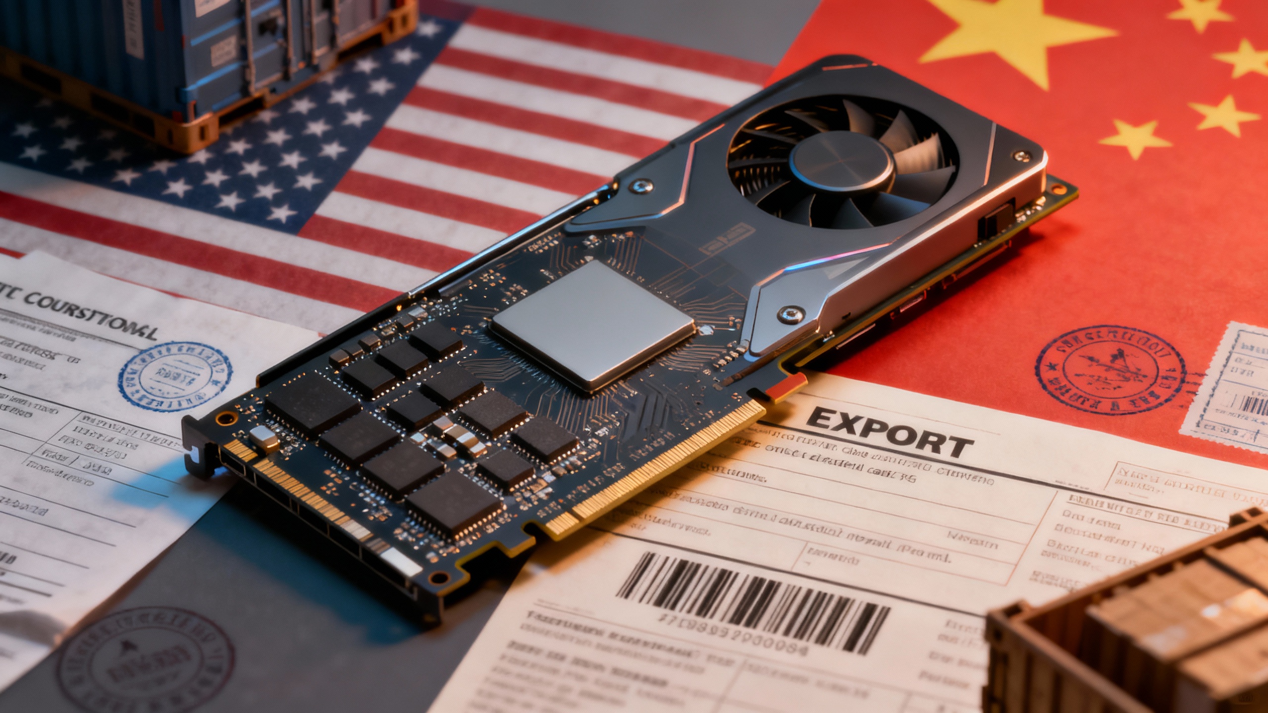 Editorial illustration: a powerful data-center GPU framed by U.S. and China motifs, symbolizing export controls and trade detente
