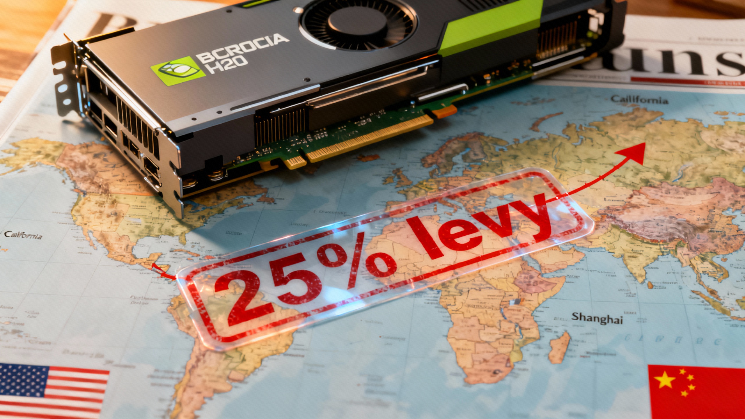 Illustration of a Nvidia H200 GPU moving from the U.S. to China across a stylized supply chain map with a 25% levy stamp