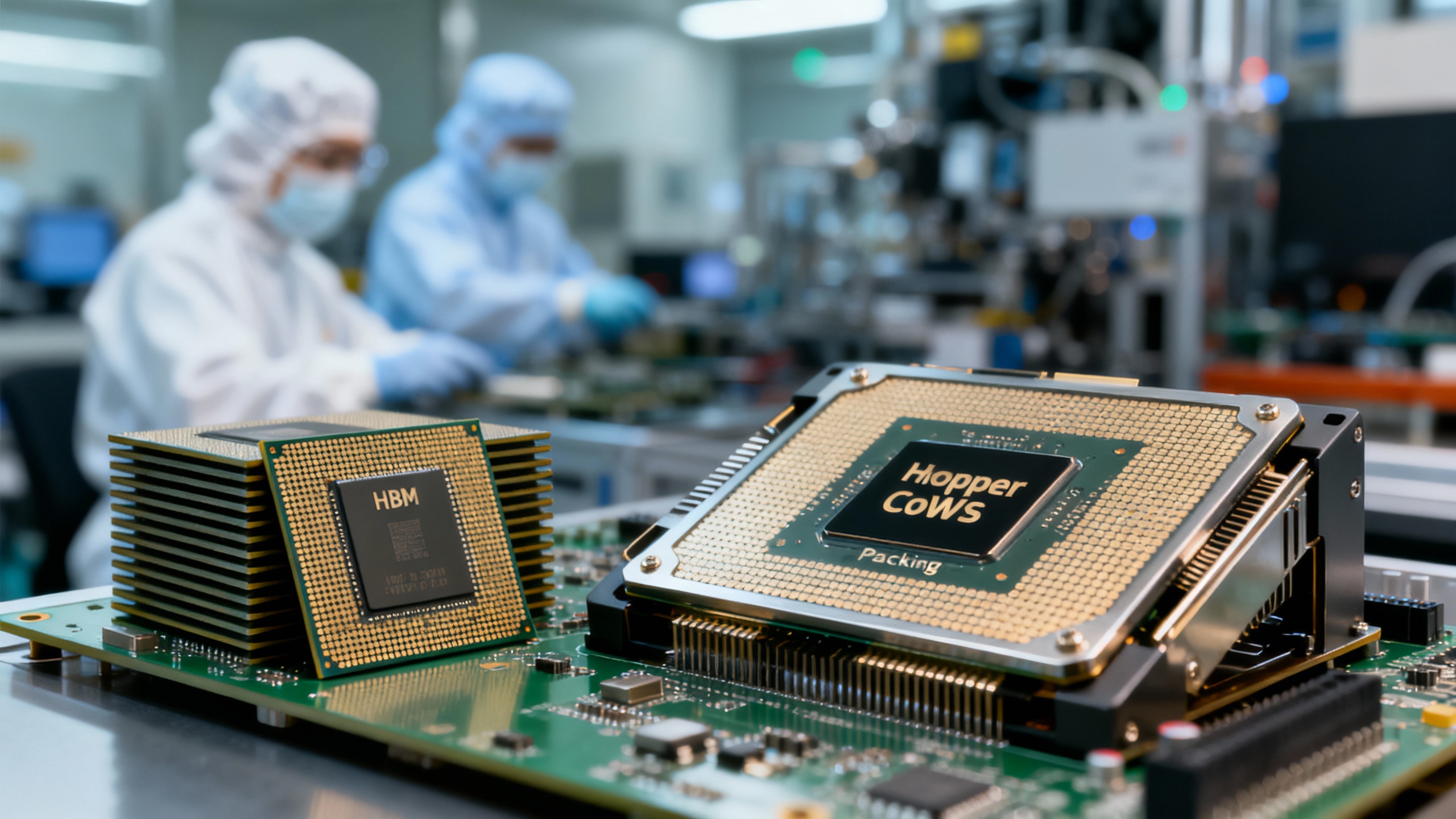 Conceptual scene inside an advanced packaging facility with HBM stacks and a Hopper GPU awaiting CoWoS packaging; Taiwan map inset