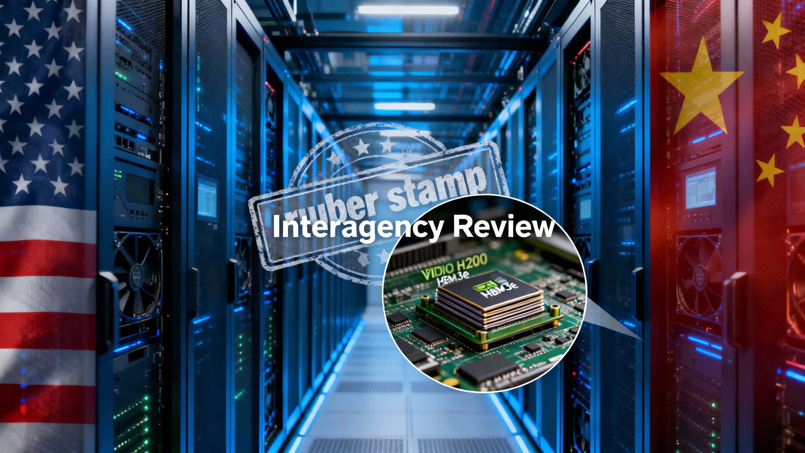 A datacenter aisle of GPU servers with a split-screen motif: U.S. and China flags, a stylized ‘review in progress’ overlay, and a spotlight on Nvidia H200 modules