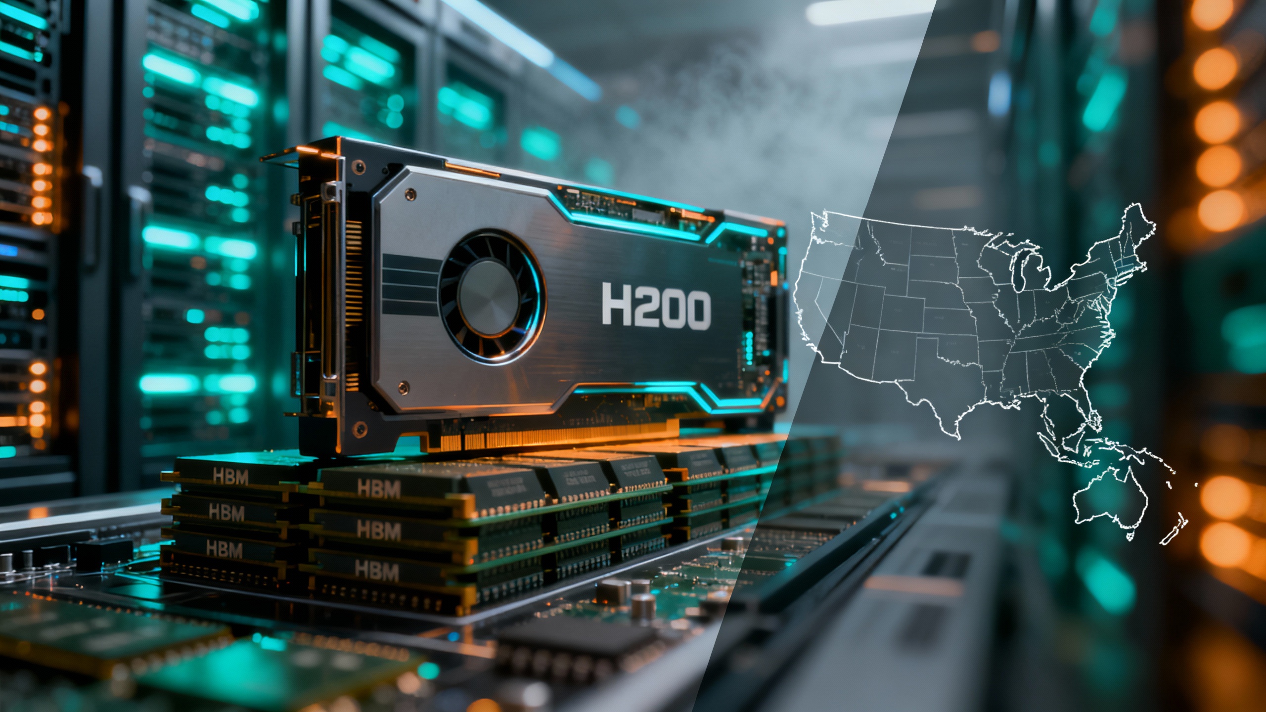A stylized GPU with ‘H200’ etched on its heat spreader, split by a faint map outline of the U.S. and China; datacenter racks fade into the background.