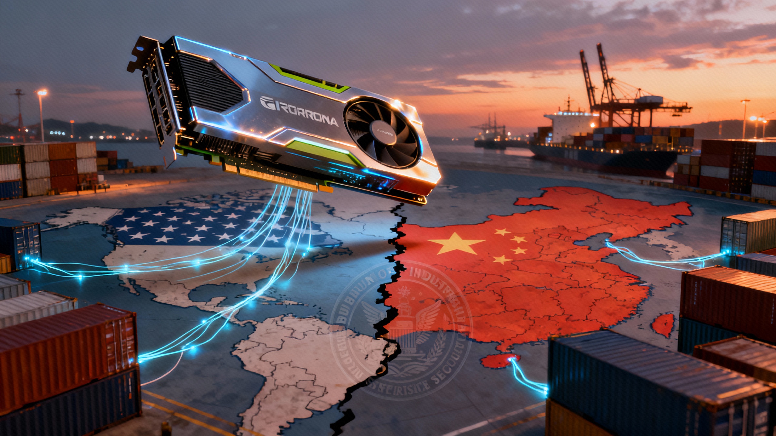 A stylized close-up of an AI GPU overlaid on a split U.S.–China map, shipping containers in the background, and a faint BIS seal watermark