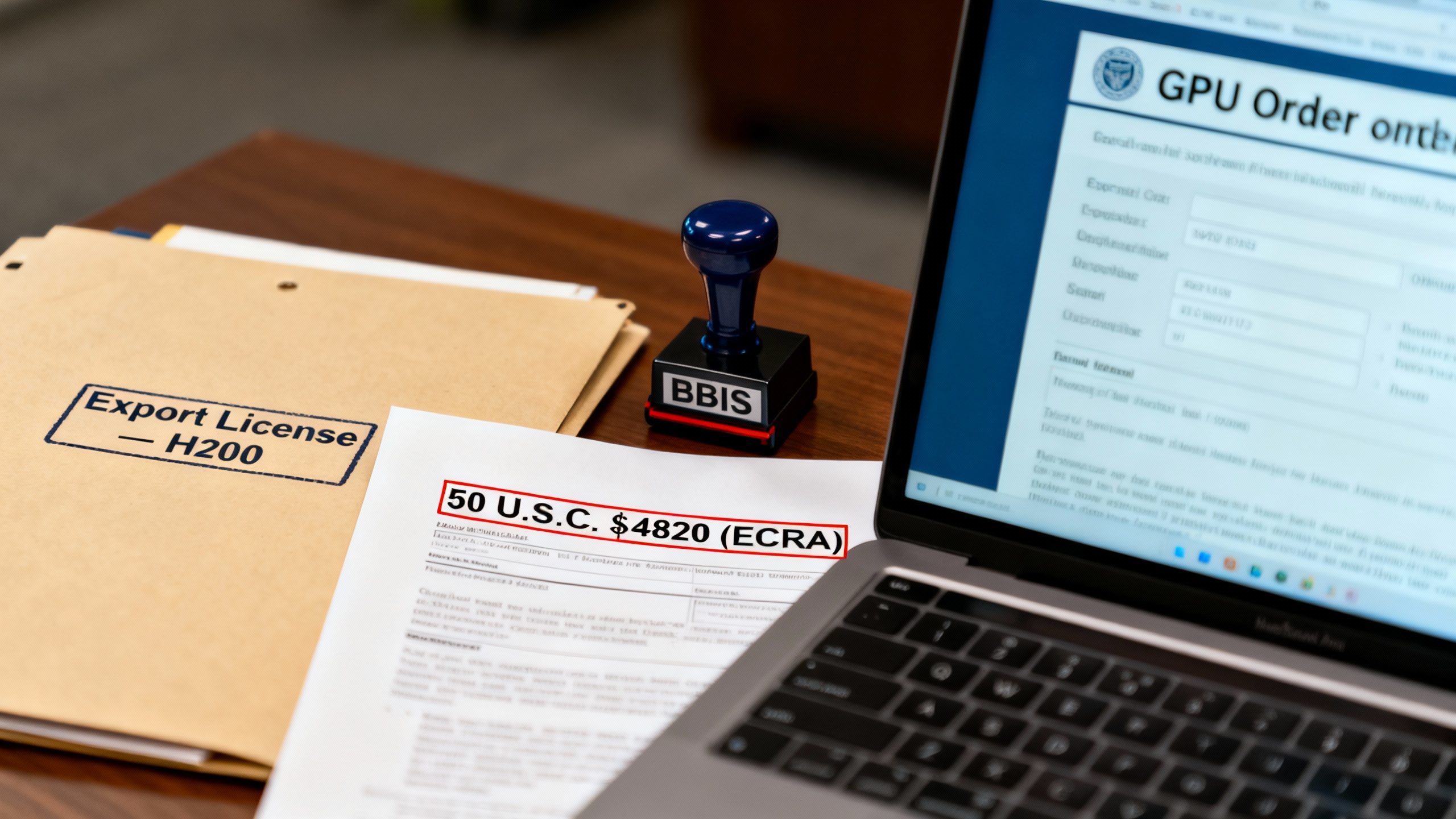Document‑style composition: a labeled export license folder, a highlighted ECRA statute excerpt, and a BIS stamp, with a laptop showing a GPU order form