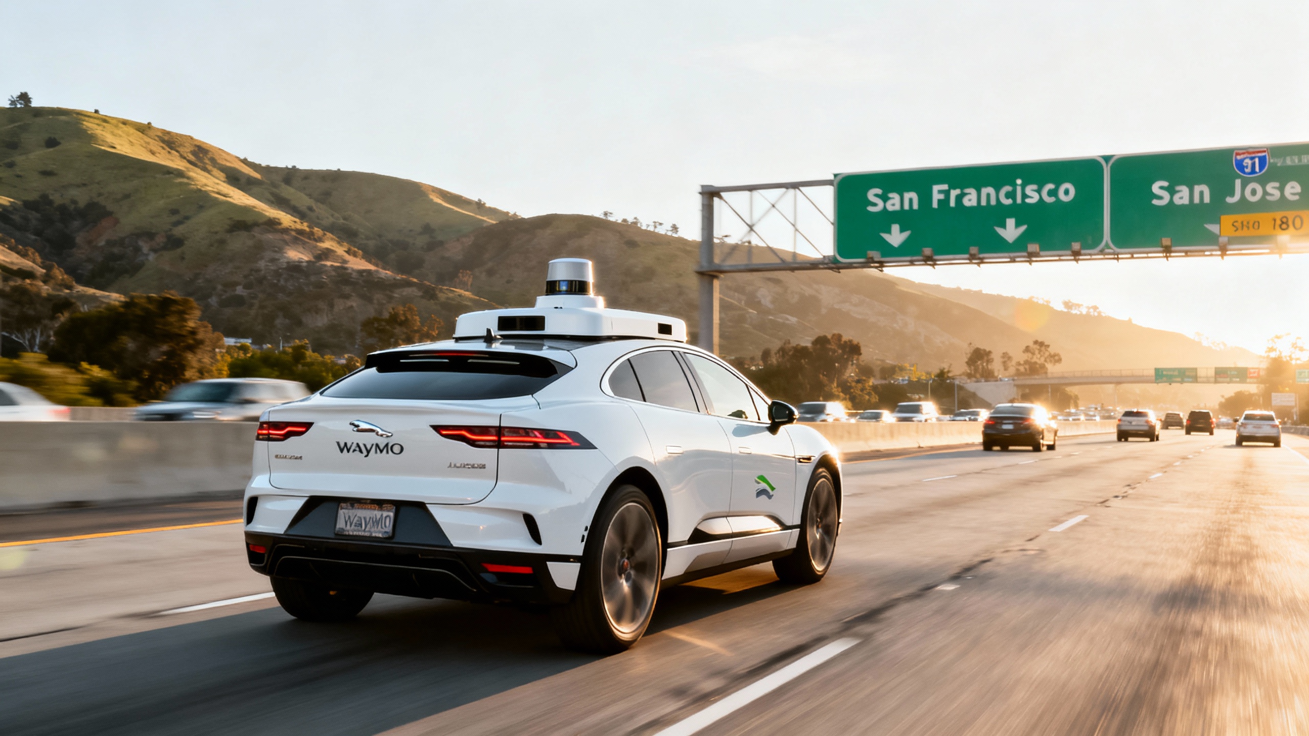 A Waymo Jaguar I-PACE robotaxi cruising on a California freeway with green highway signs for San Francisco and San Jose in the background.