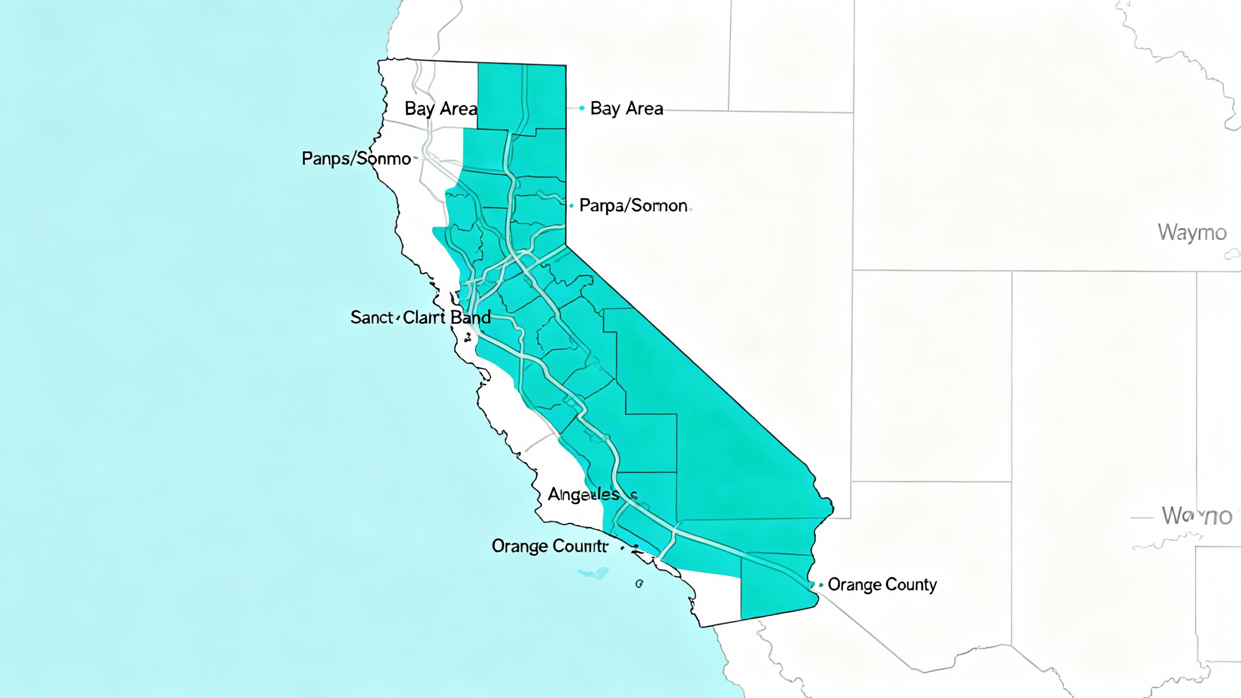 Stylized map of California highlighting new Waymo coverage from Wine Country and Sacramento down through Los Angeles to San Diego.
