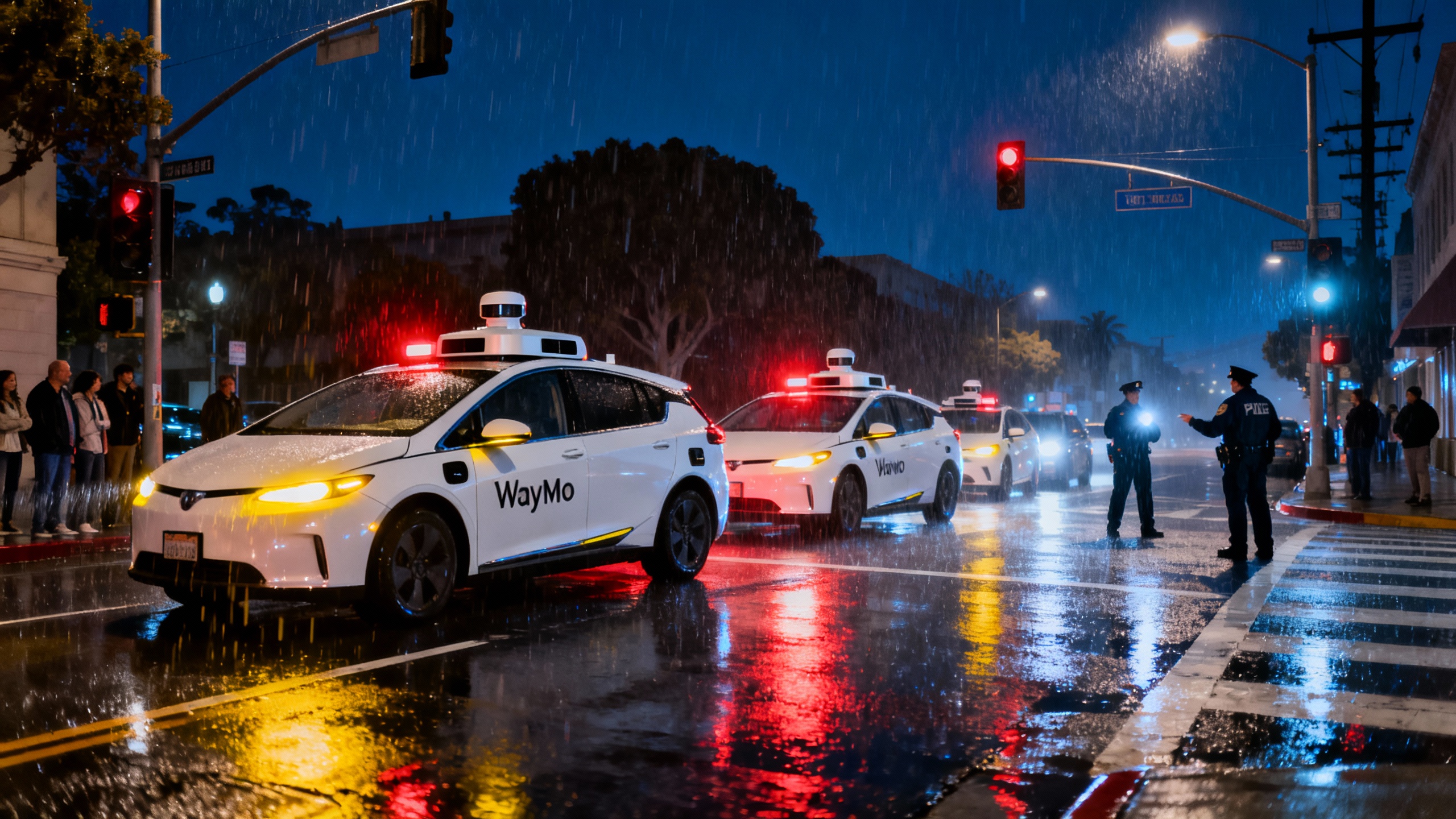 Waymo-style robotaxis stalled at a dark San Francisco intersection during a citywide blackout
