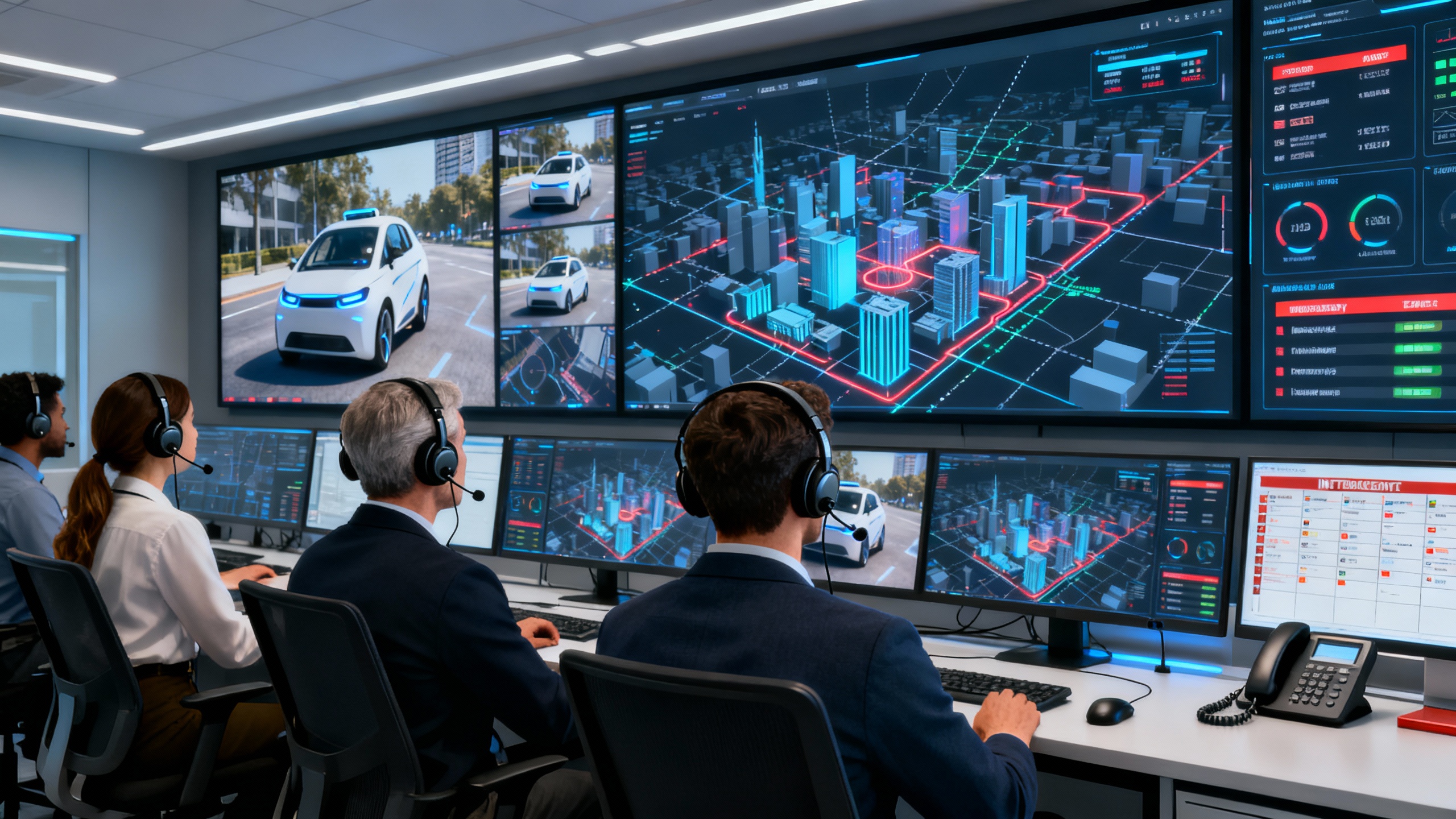 Teleoperation control center with diverse operators monitoring multiple AV feeds and coordinating with a city emergency operations center