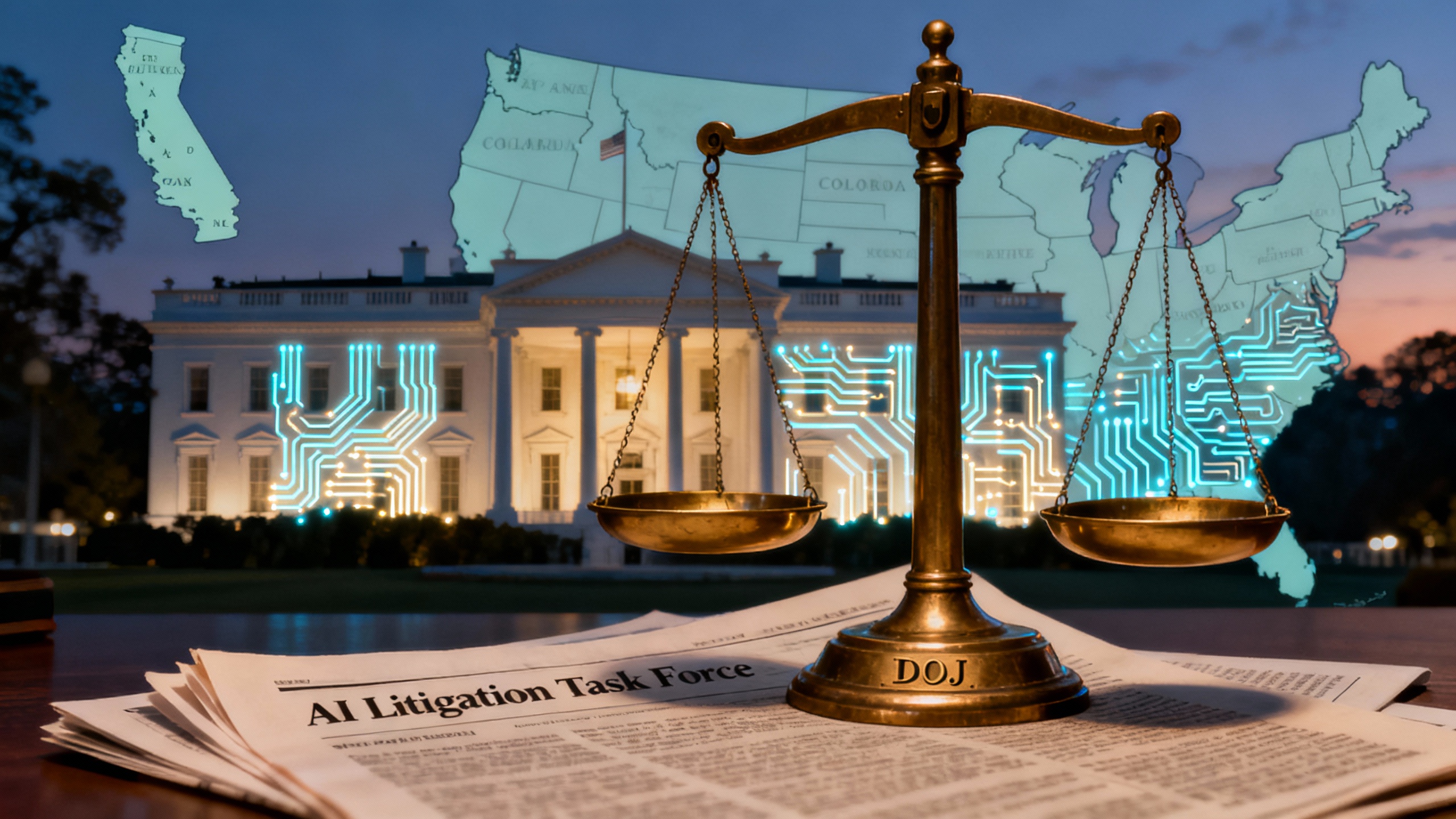 An editorial-style illustration of the White House facade blended with circuit-board patterns, a U.S. map of states in patchwork colors, and the DOJ scales of justice in the foreground