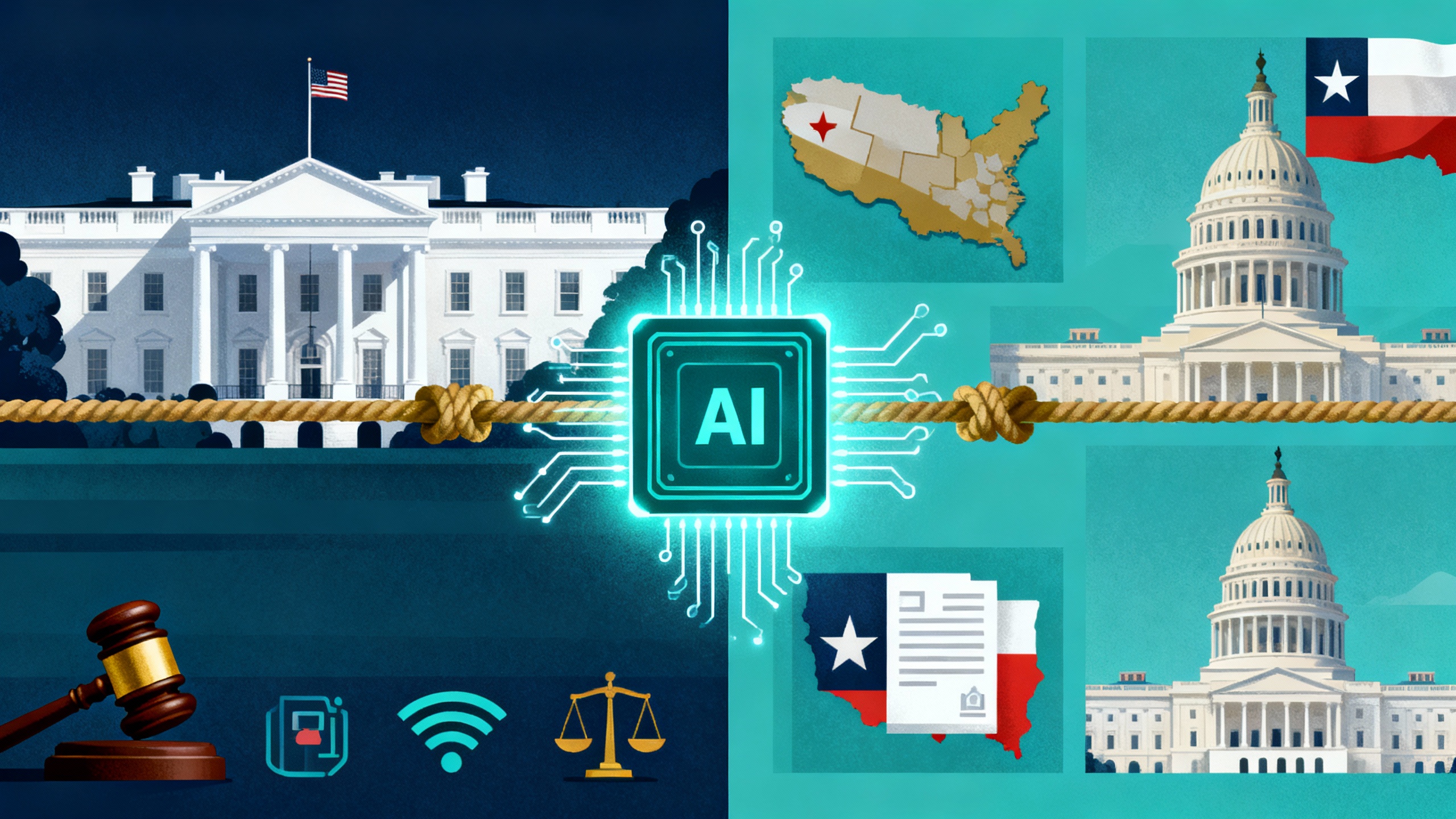 Split-screen illustration: the White House on one side and a collage of state capitols on the other, connected by circuitry and an AI chip, with a tug-of-war rope across the middle
