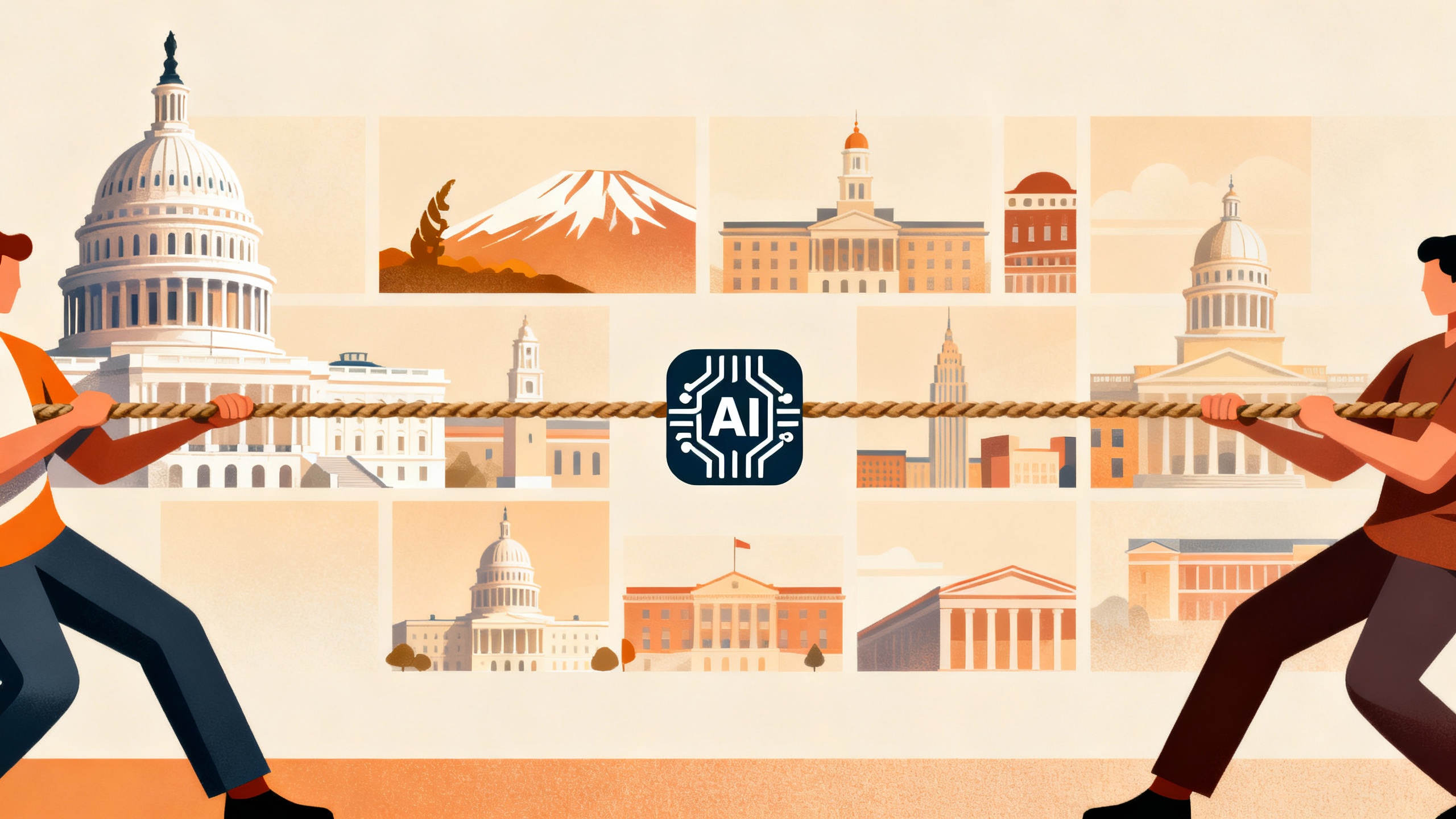 Illustration of a tug-of-war between the U.S. Capitol and multiple state capitol buildings with a large AI circuit icon in the middle