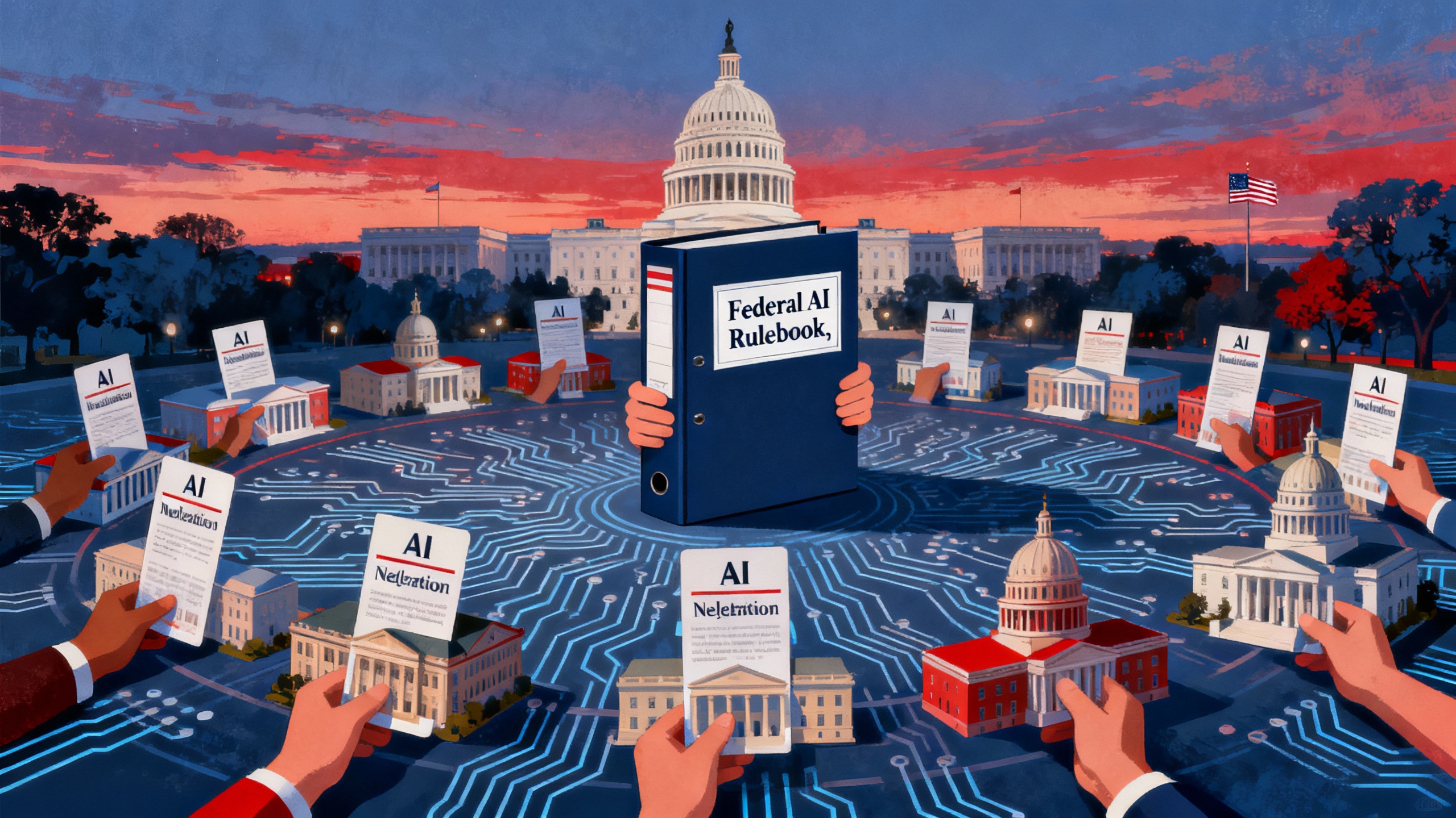 An editorial illustration showing the U.S. Capitol holding a single playbook labeled 'Federal AI Rulebook' while a ring of state capitol buildings hold varied AI rule cards; a stylized AI microchip pattern overlays the scene