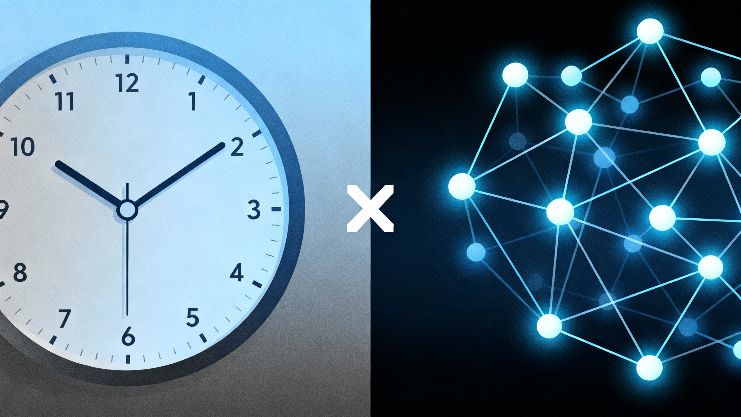 Concept art showing a split between a clock (chronology) and a neural network (AI) over the X logo