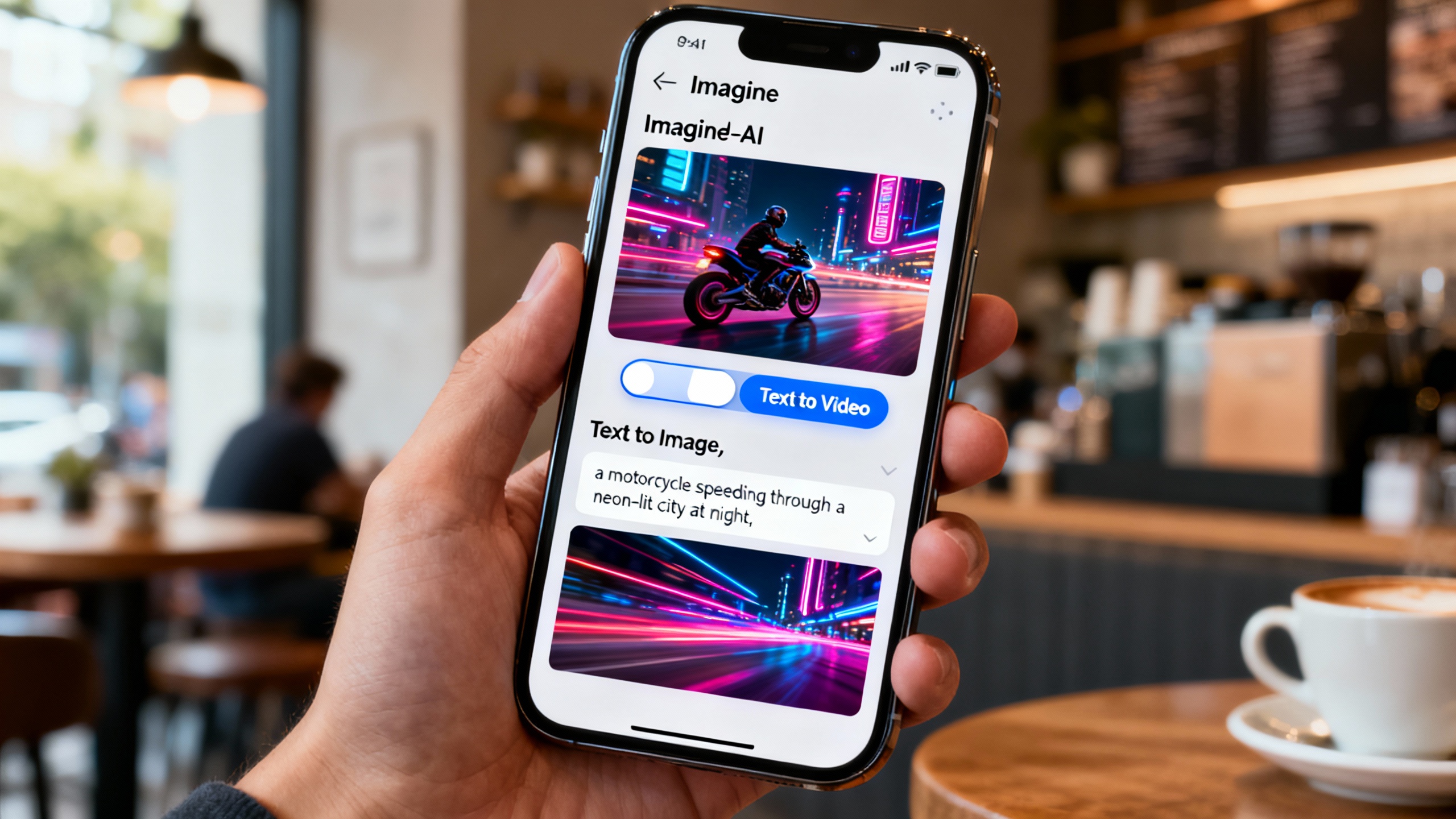 A person holding a smartphone showing a mobile UI with an Imagine tab and a toggle labeled Text to Video/Text to Image, plus a preview of an AI‑generated clip.