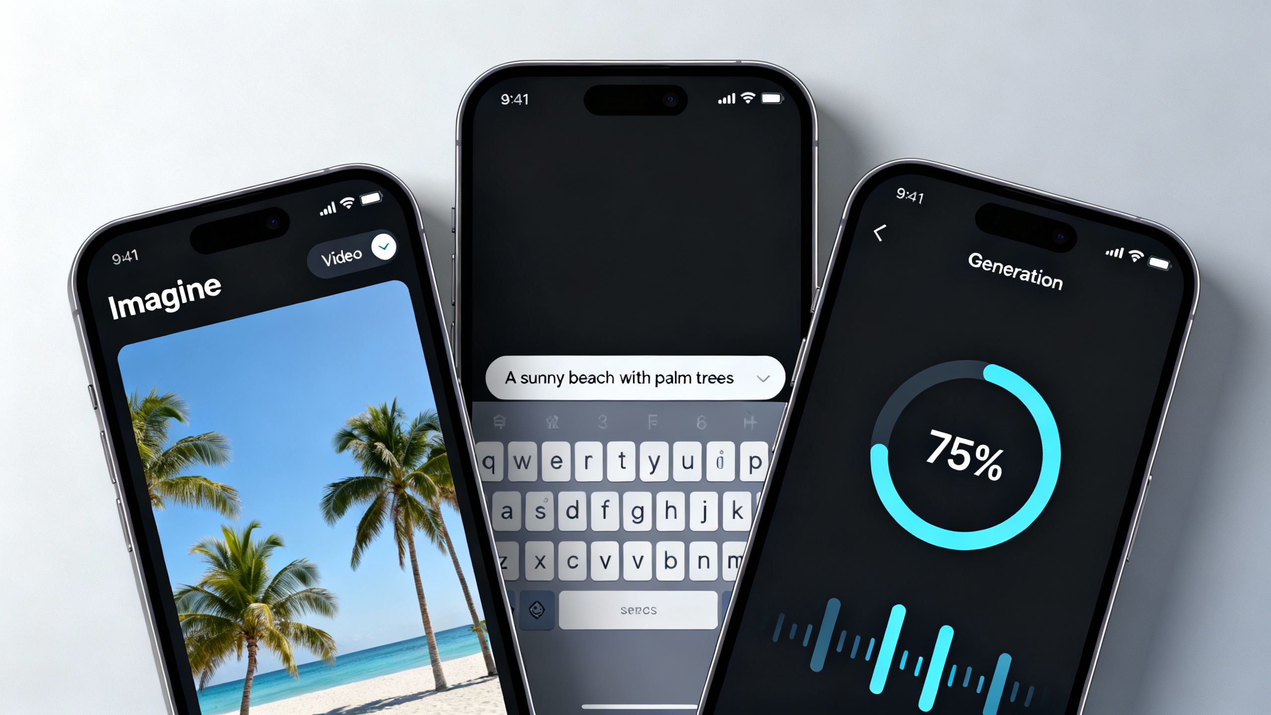 Step‑by‑step close‑ups of a mobile UI showing the Imagine tab, the Video toggle, a prompt being typed, and a progress indicator with an audio waveform.
